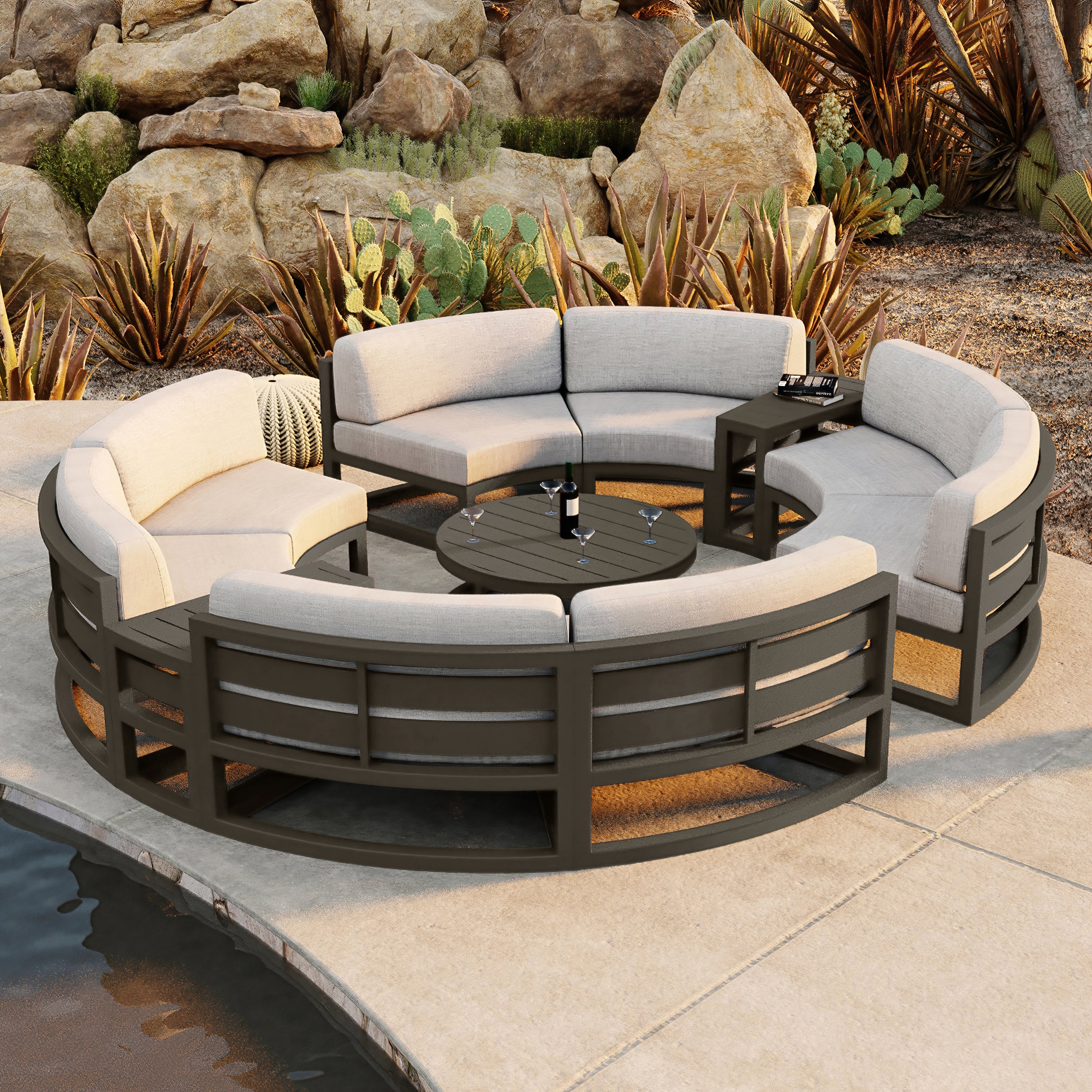 Avion 7 Piece Aluminum Curve Sectional Set#Finish_Slate#Fabric_Cast Silver
