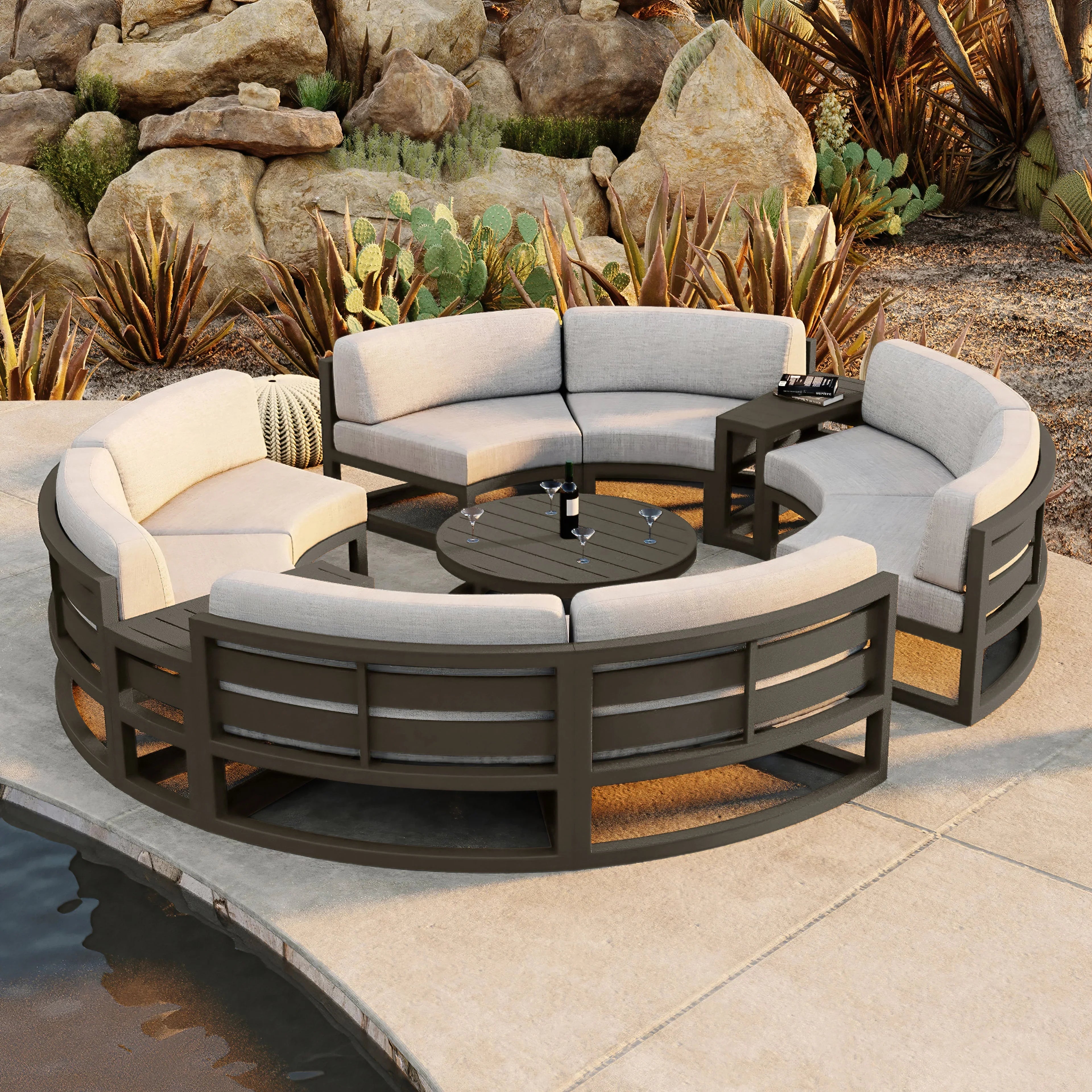 Avion 7 Piece Aluminum Curve Sectional Set#Finish_Slate#Fabric_Cast Silver