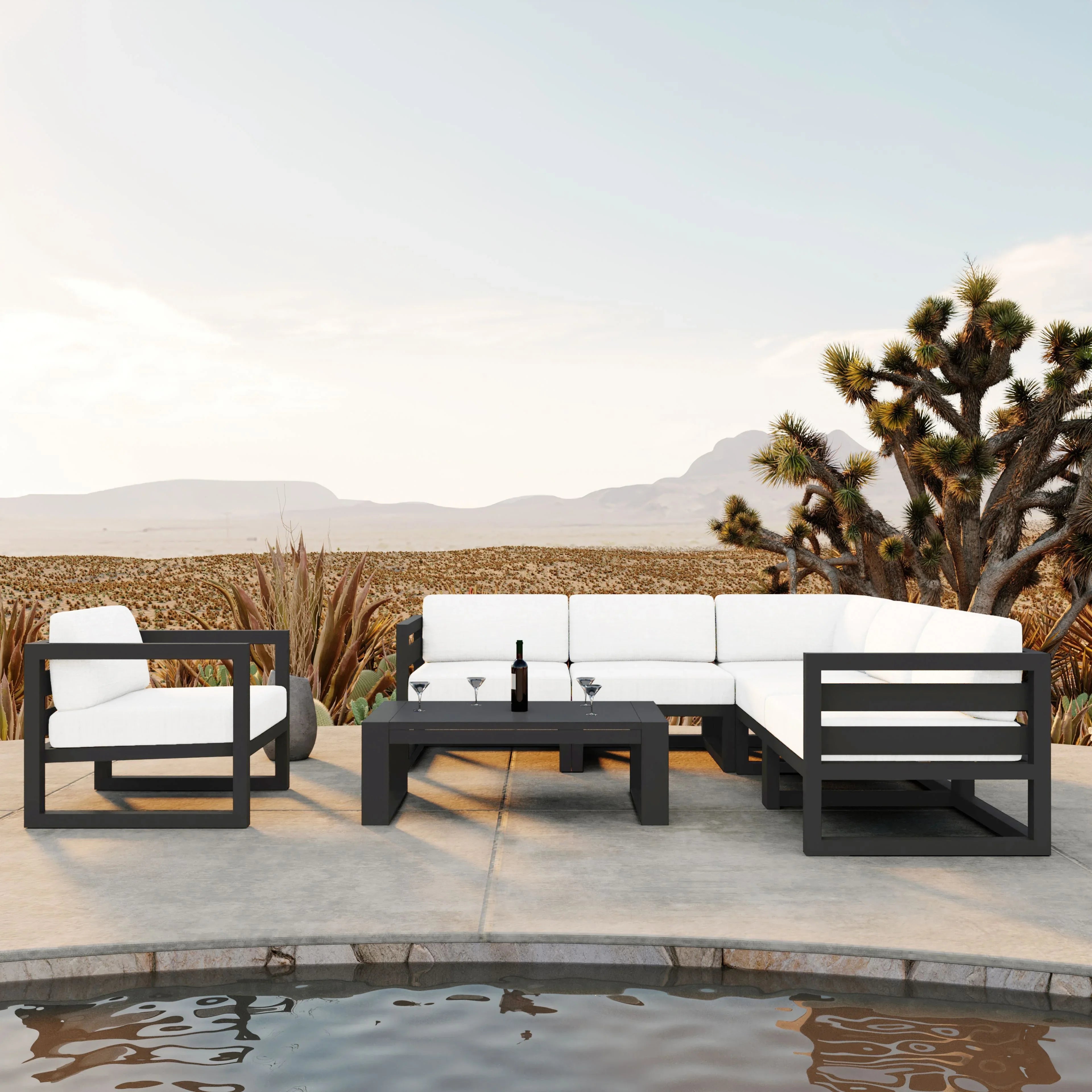 Avion 7 Piece Aluminum Sectional Set#Finish_Slate#Fabric_Canvas Natural