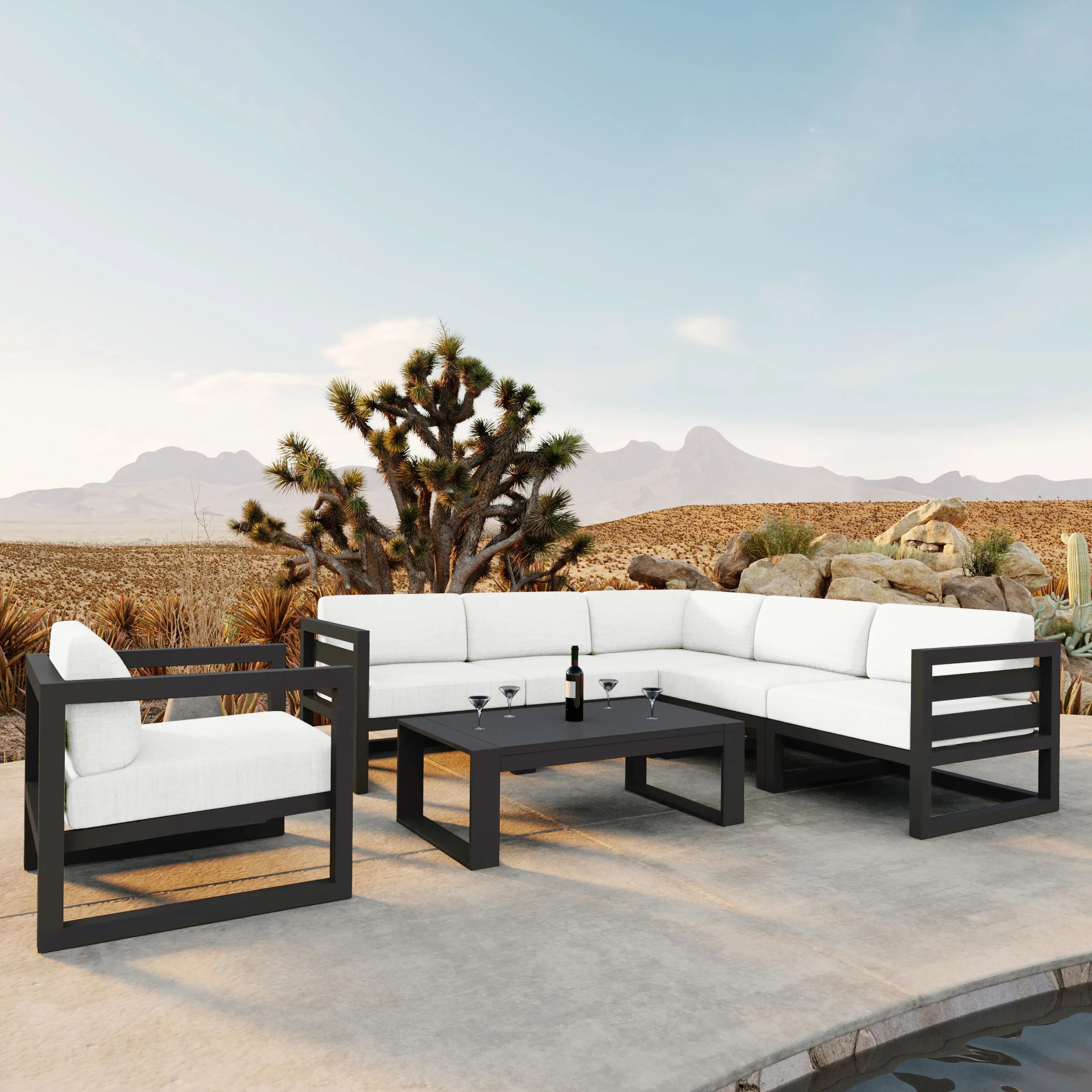 Avion 7 Piece Aluminum Sectional Set#Finish_Slate#Fabric_Canvas Natural
