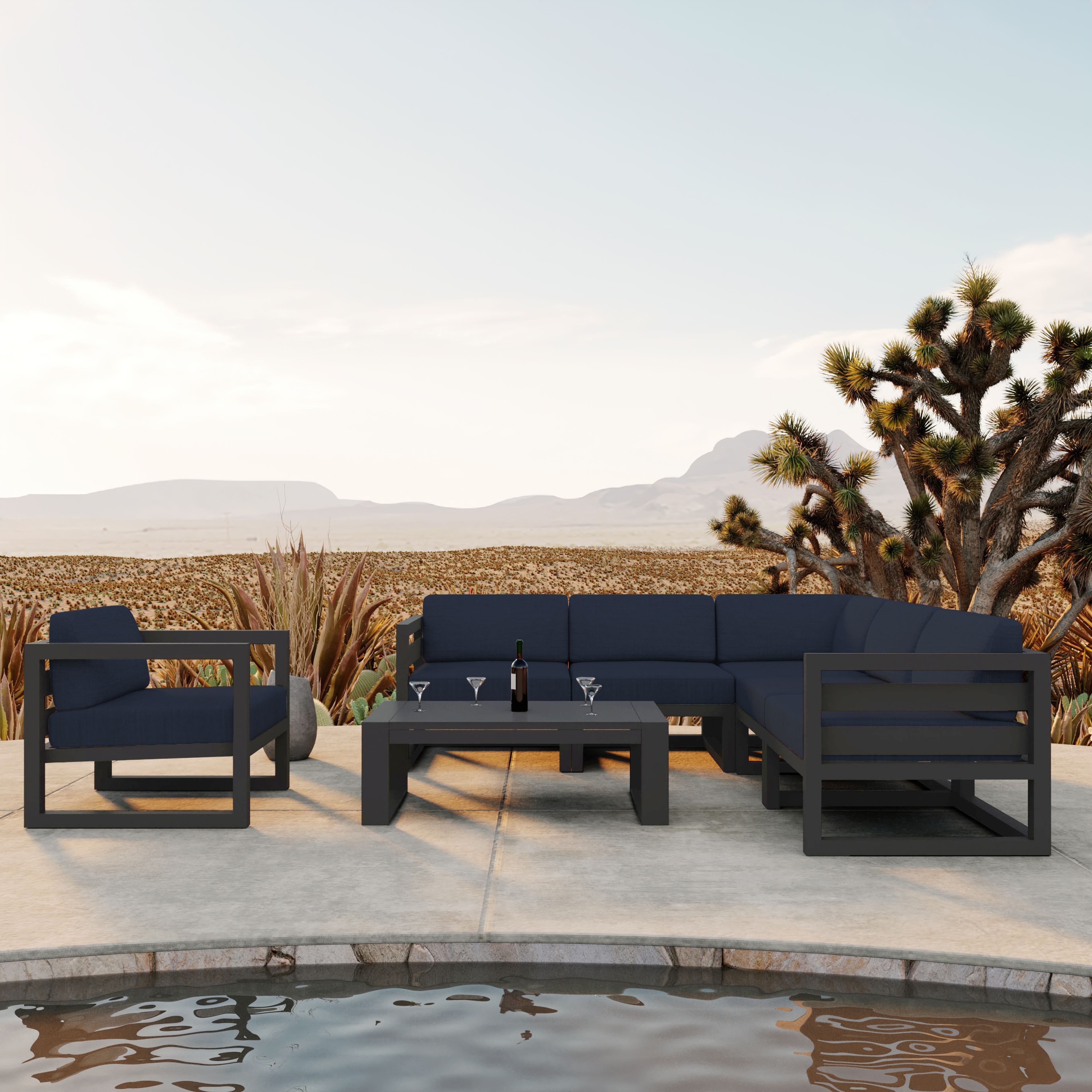 Avion 7 Piece Aluminum Sectional Set#Finish_Slate#Fabric_Spectrum Indigo