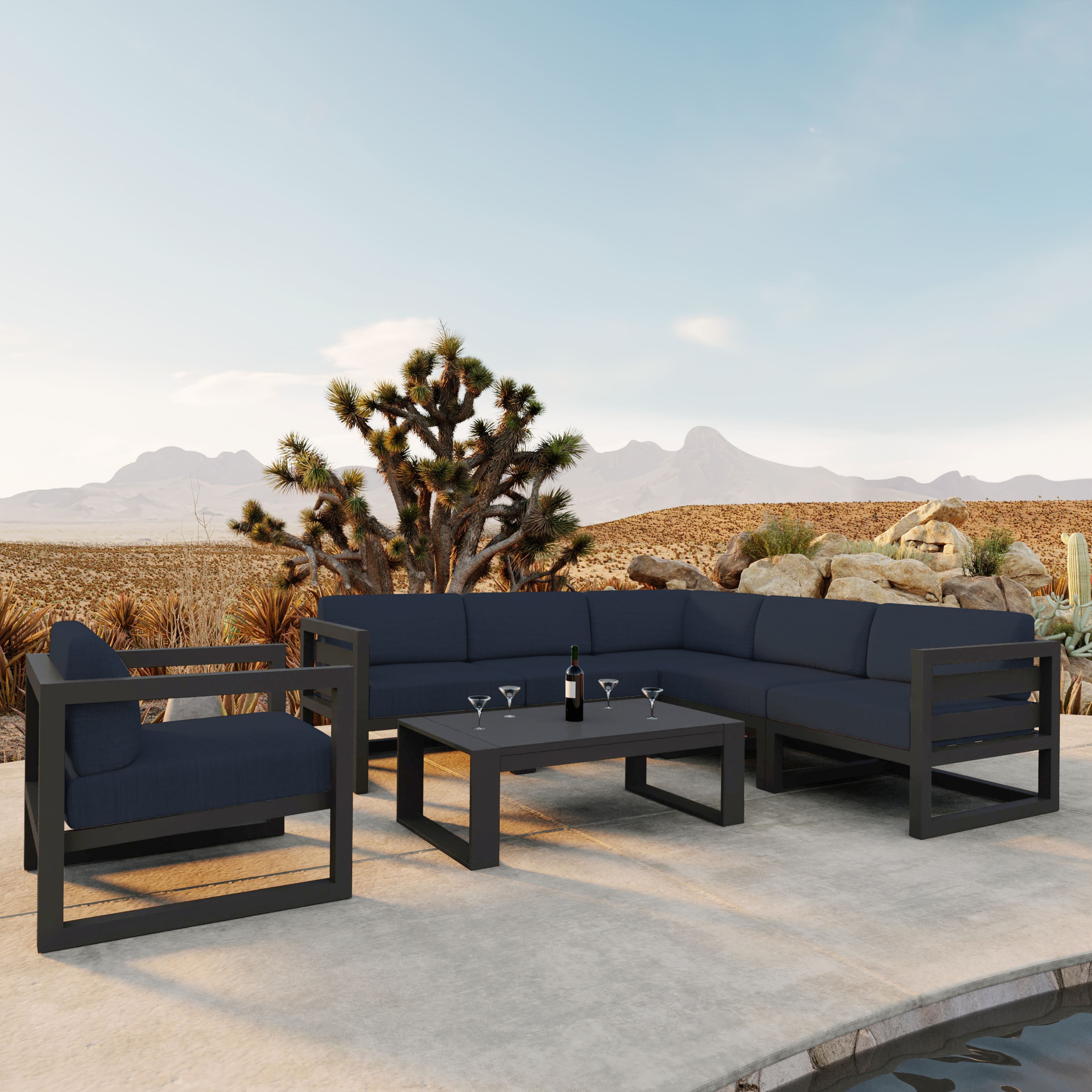 Avion 7 Piece Aluminum Sectional Set#Finish_Slate#Fabric_Spectrum Indigo