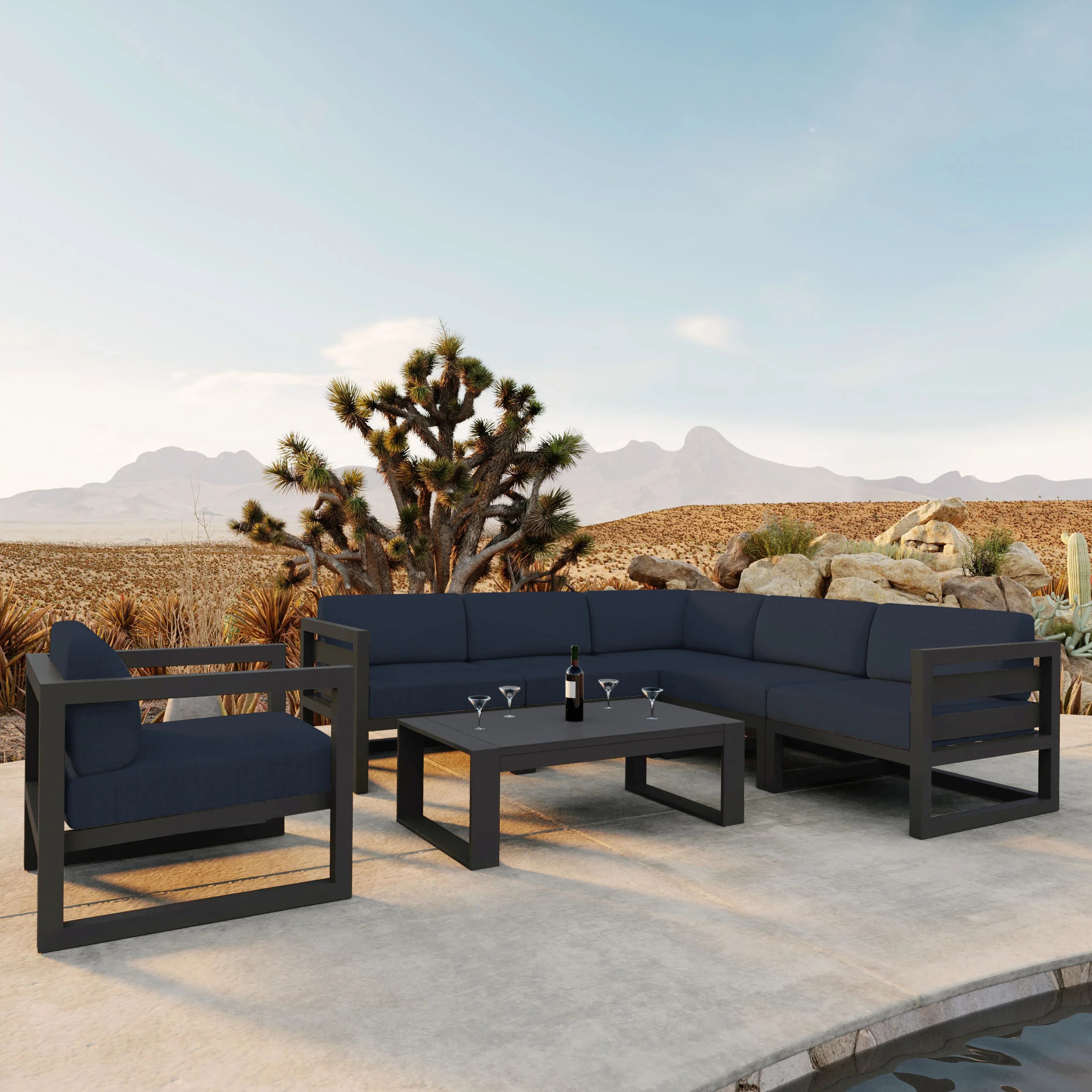 Avion 7 Piece Aluminum Sectional Set#Finish_Slate#Fabric_Spectrum Indigo