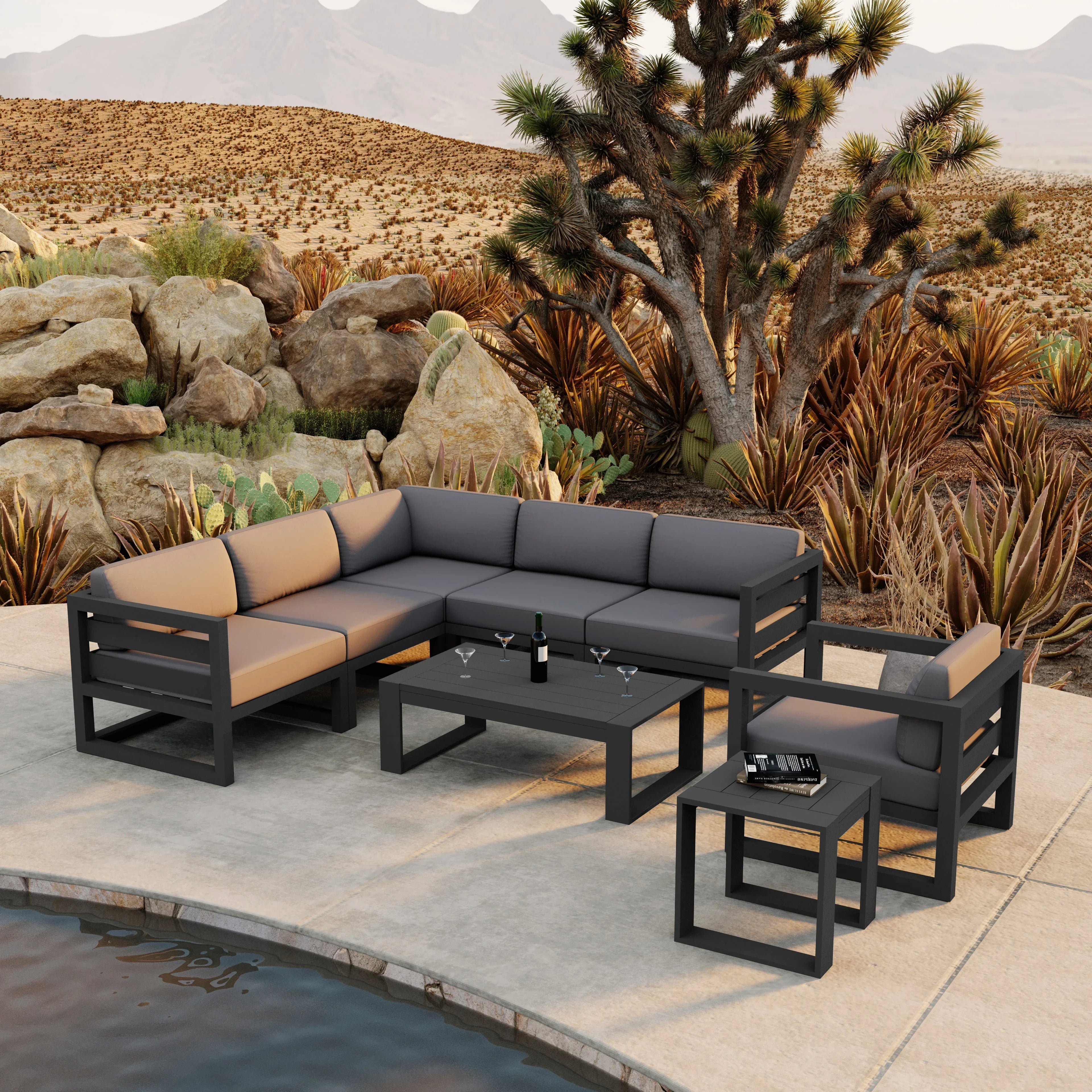 Avion 8 Piece Aluminum Sectional Set#Finish_Slate#Fabric_Canvas Charcoal