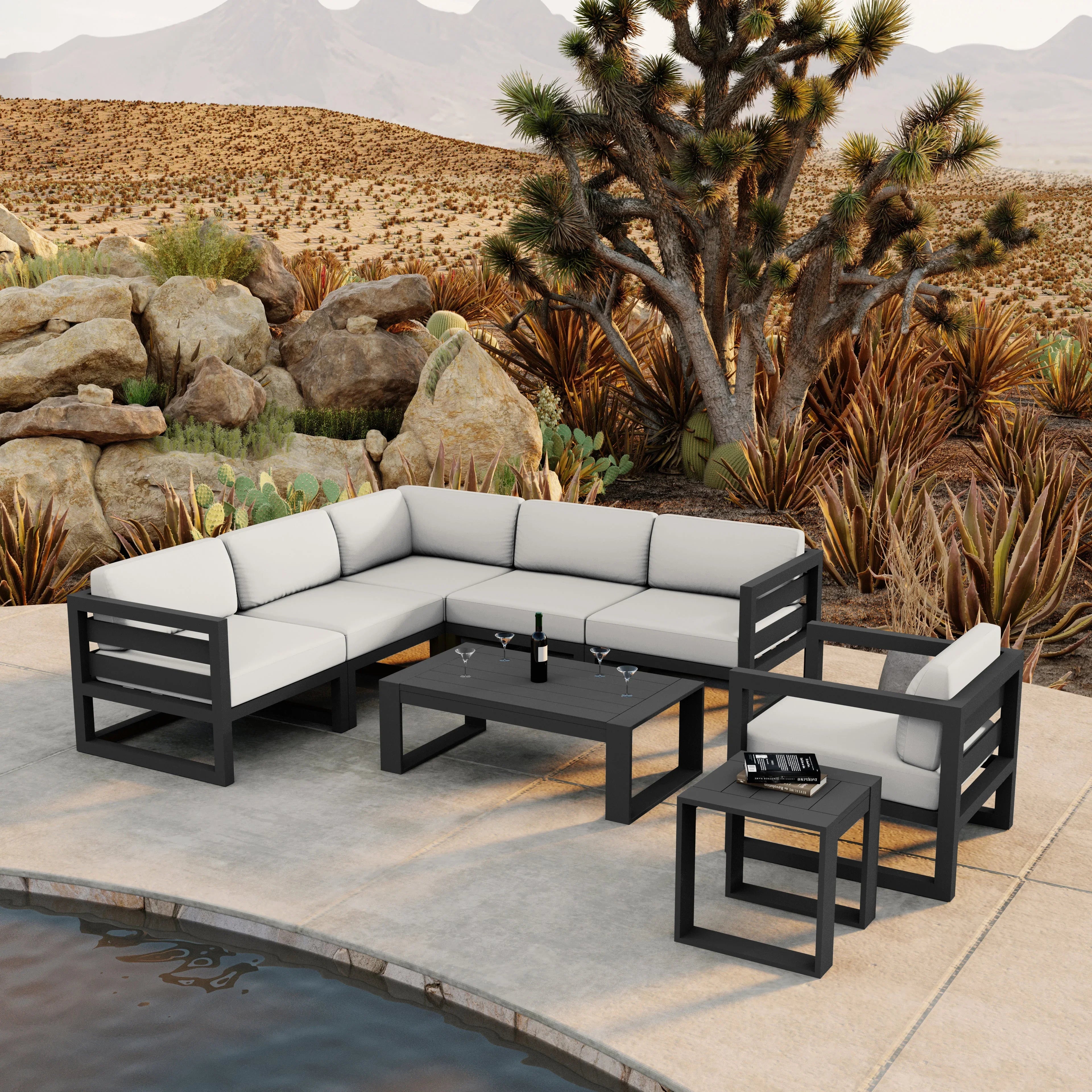Avion 8 Piece Aluminum Sectional Set#Finish_Slate#Fabric_Canvas Natural