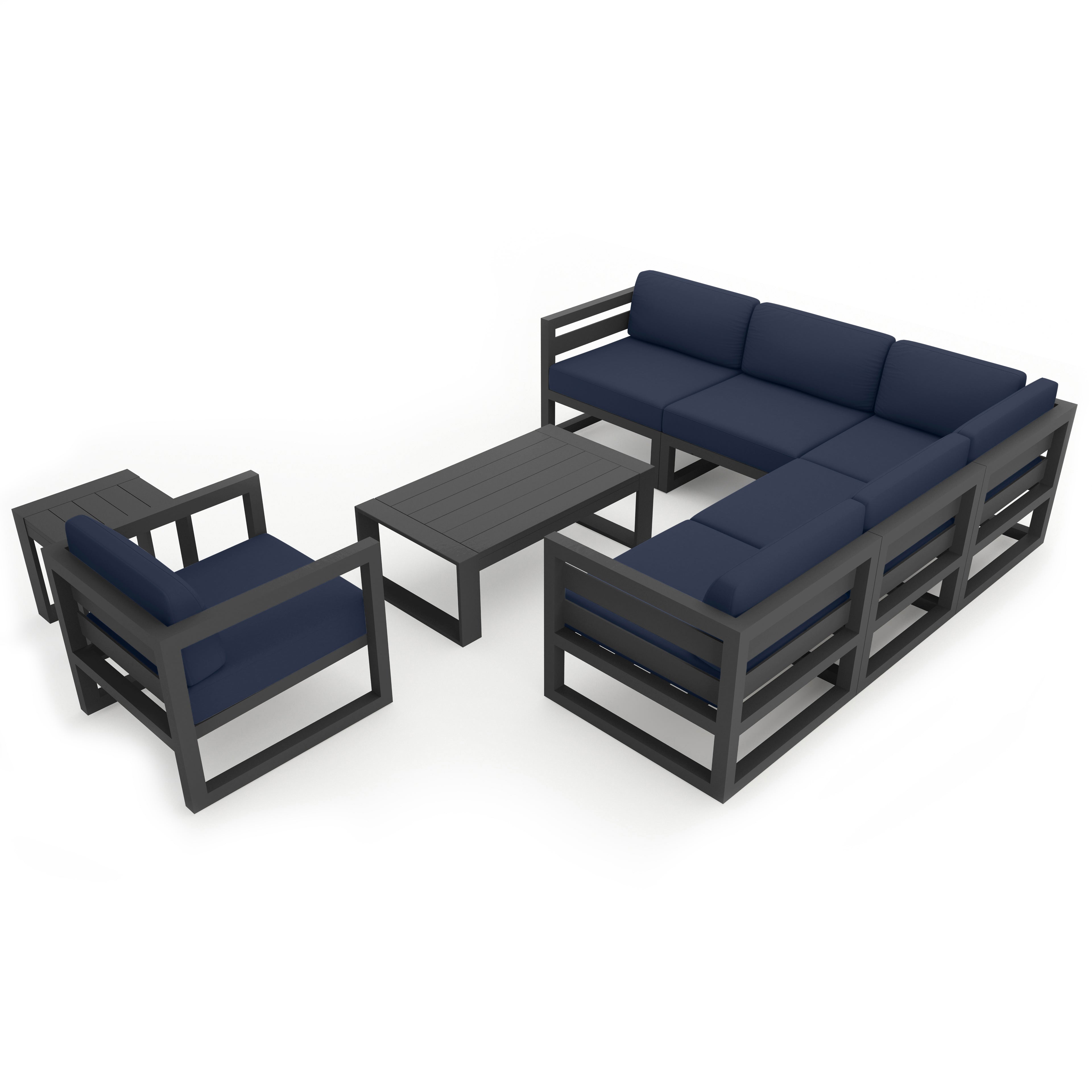 Avion 8 Piece Aluminum Sectional Set#Finish_Slate#Fabric_Spectrum Indigo