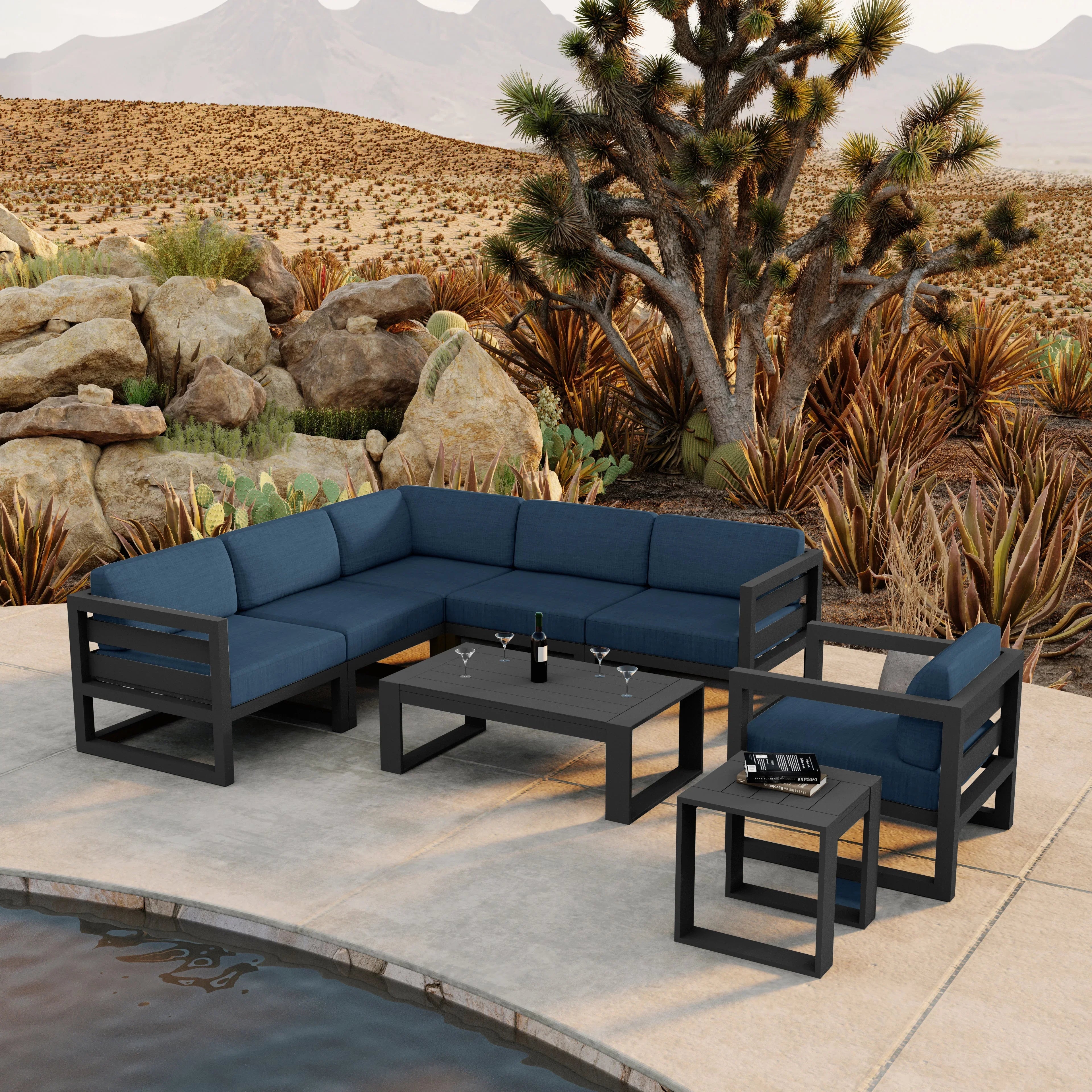 Avion 8 Piece Aluminum Sectional Set#Finish_Slate#Fabric_Spectrum Indigo