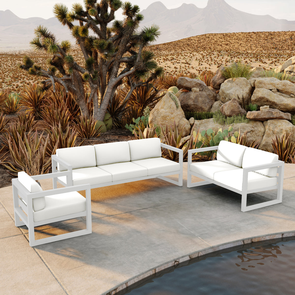 Avion 3 Piece Aluminum Sofa Loveseat Set#Finish_White#Fabric_Canvas Natural