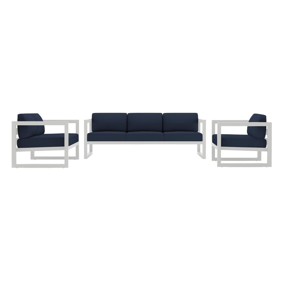 Avion 3 Piece Aluminum Sofa Loveseat Set#Finish_White#Fabric_Spectrum Indigo