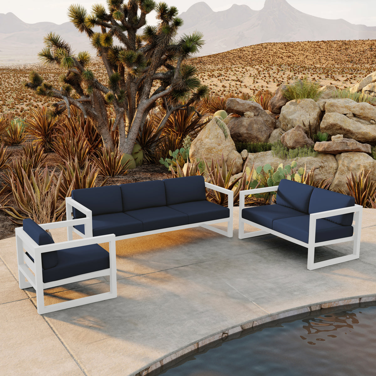 Avion 3 Piece Aluminum Sofa Loveseat Set#Finish_White#Fabric_Spectrum Indigo