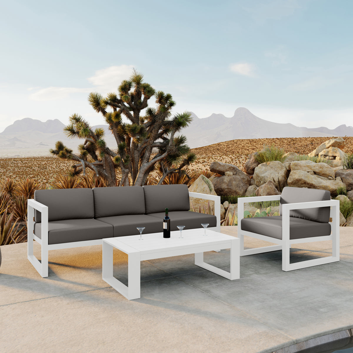 Avion 3 Piece Aluminum Sofa Set#Finish_White#Fabric_Canvas Charcoal