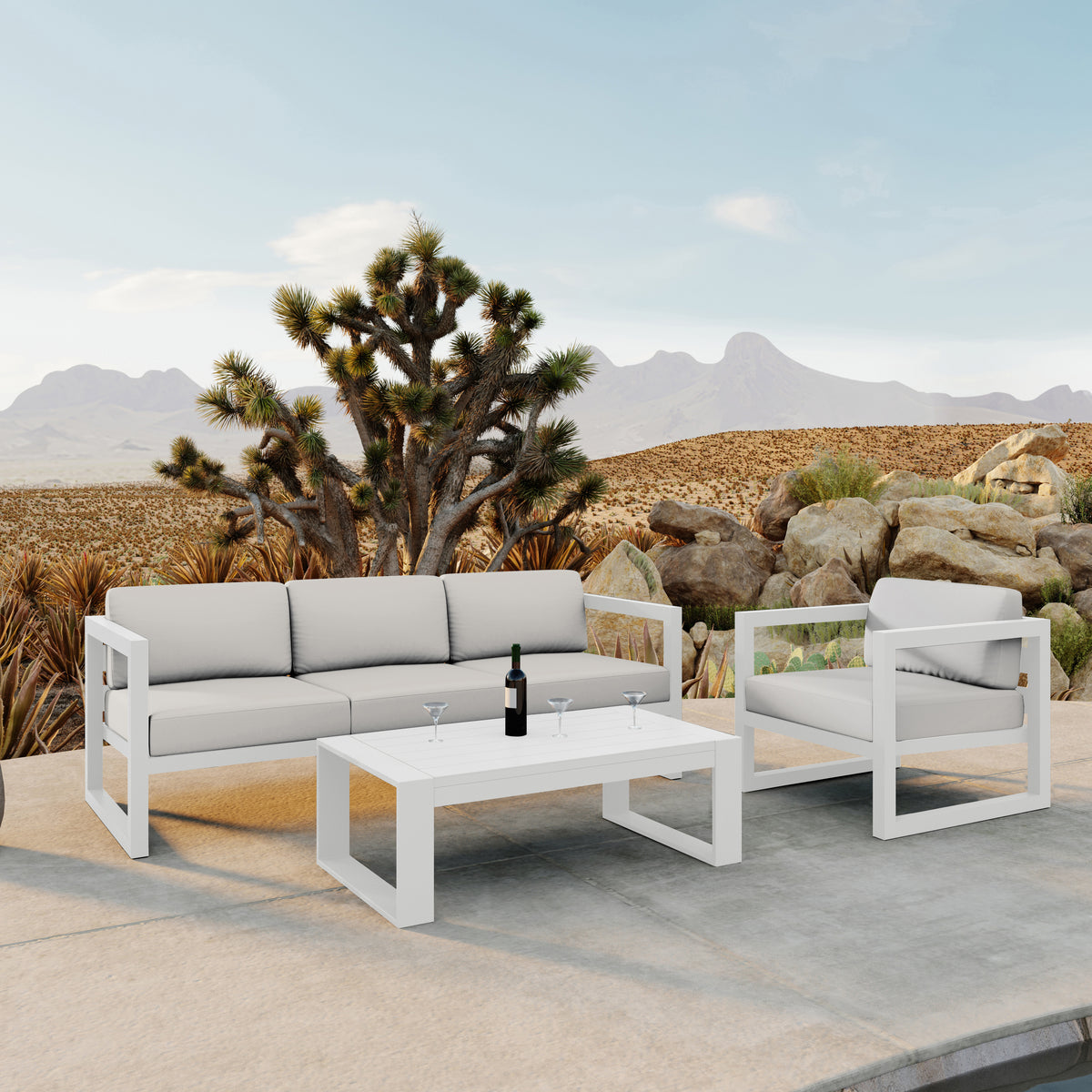 Avion 3 Piece Aluminum Sofa Set#Finish_White#Fabric_Canvas Natural