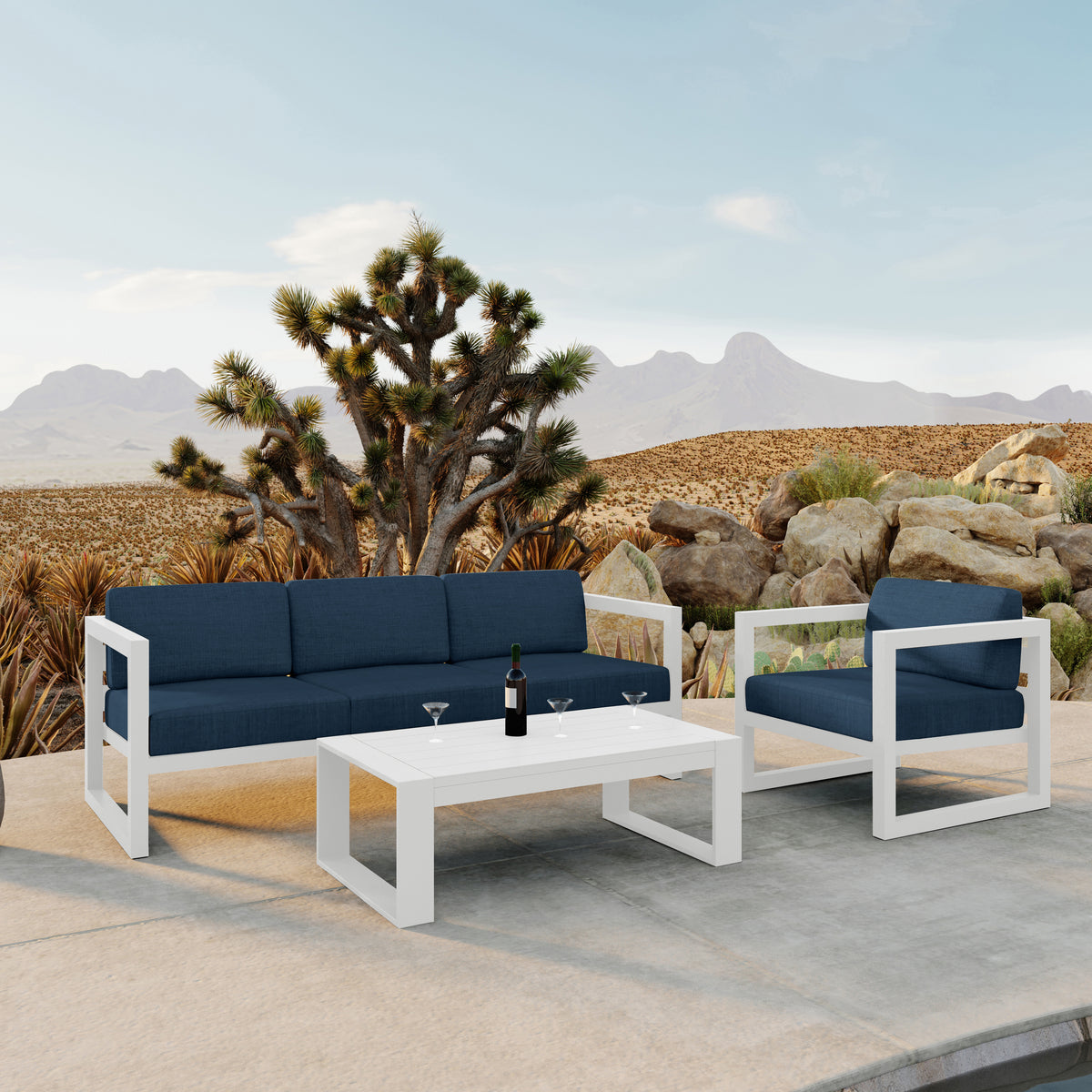 Avion 3 Piece Aluminum Sofa Set#Finish_White#Fabric_Spectrum Indigo