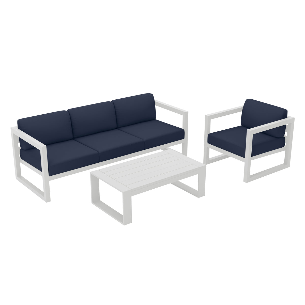 Avion 3 Piece Aluminum Sofa Set#Finish_White#Fabric_Spectrum Indigo