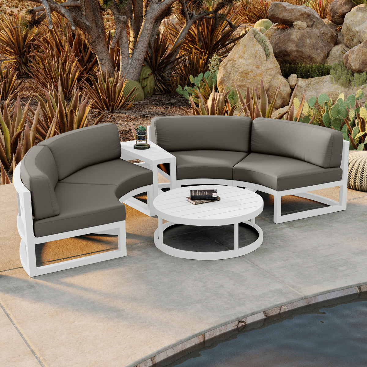 Avion 4 Piece Aluminum Curve Sectional Set#Finish_White#Fabric_Canvas Charcoal