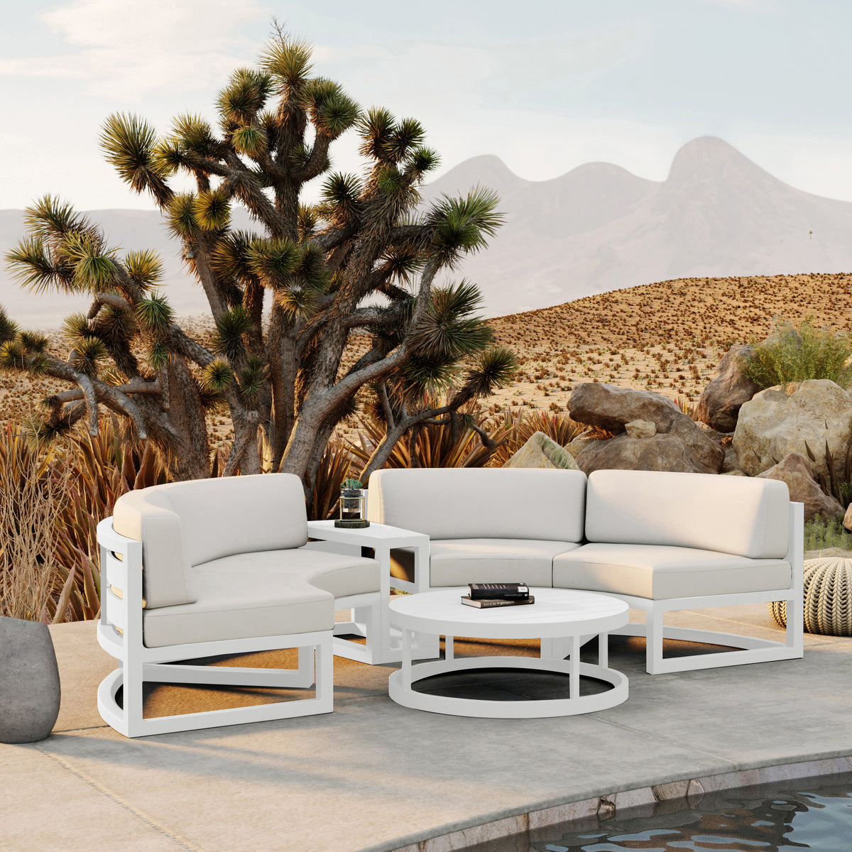 Avion 4 Piece Aluminum Curve Sectional Set#Finish_White#Fabric_Canvas Natural