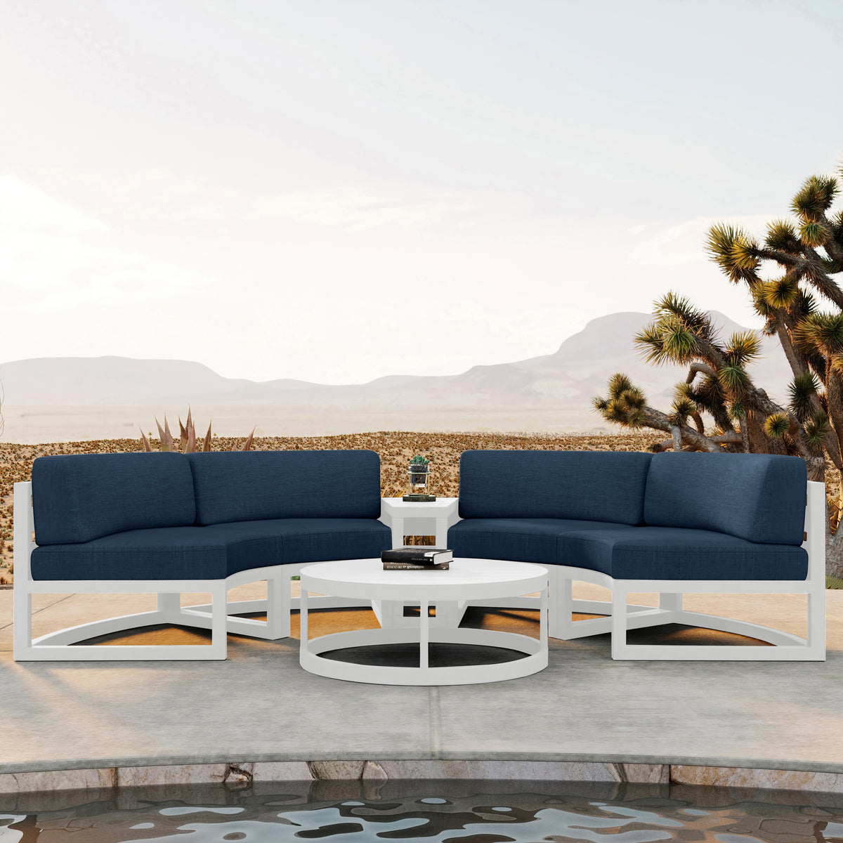 Avion 4 Piece Aluminum Curve Sectional Set#Finish_White#Fabric_Spectrum Indigo