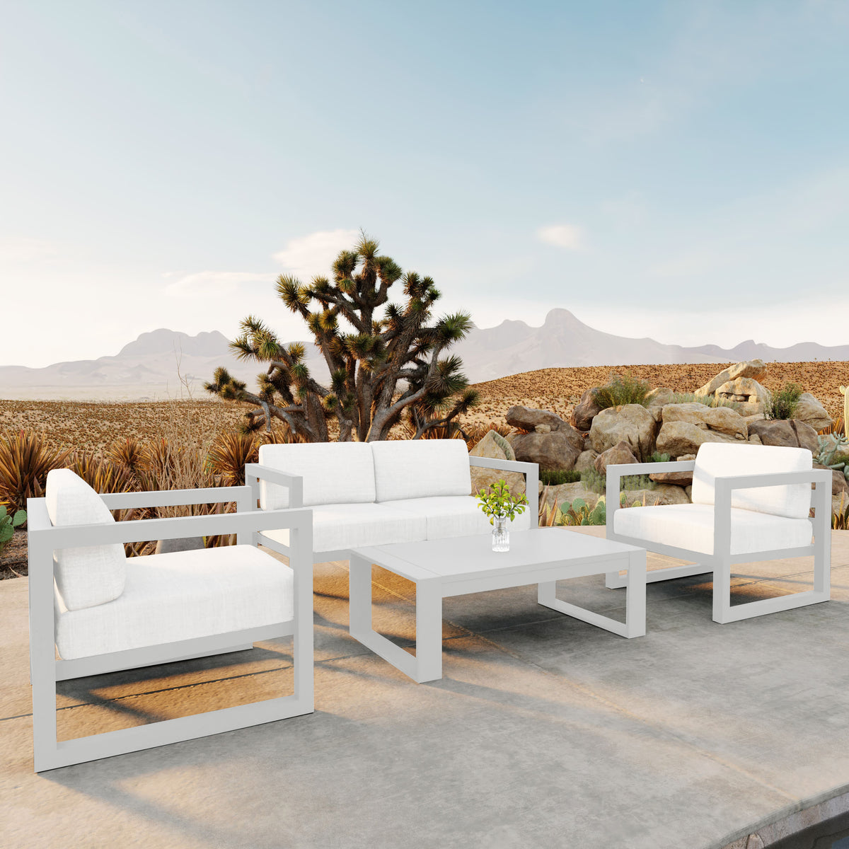 Avion 4 Piece Aluminum Loveseat Set#Finish_White#Fabric_Canvas Natural