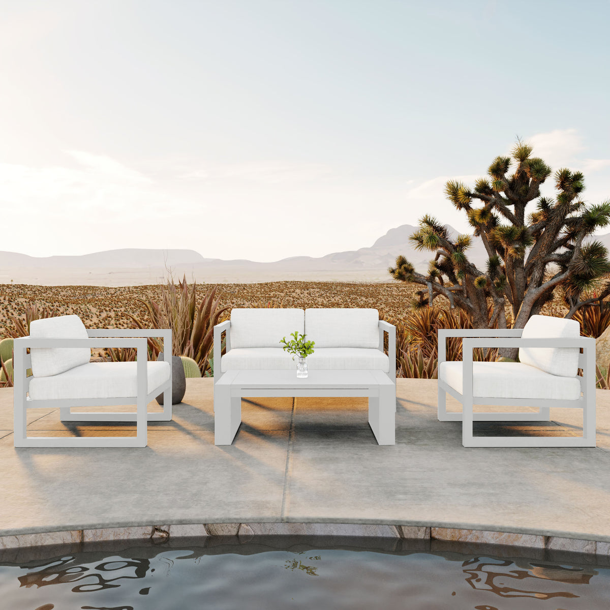 Avion 4 Piece Aluminum Loveseat Set#Finish_White#Fabric_Canvas Natural