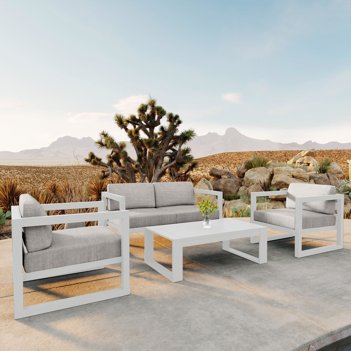 Avion 4 Piece Aluminum Loveseat Set#Finish_White#Fabric_Cast Silver