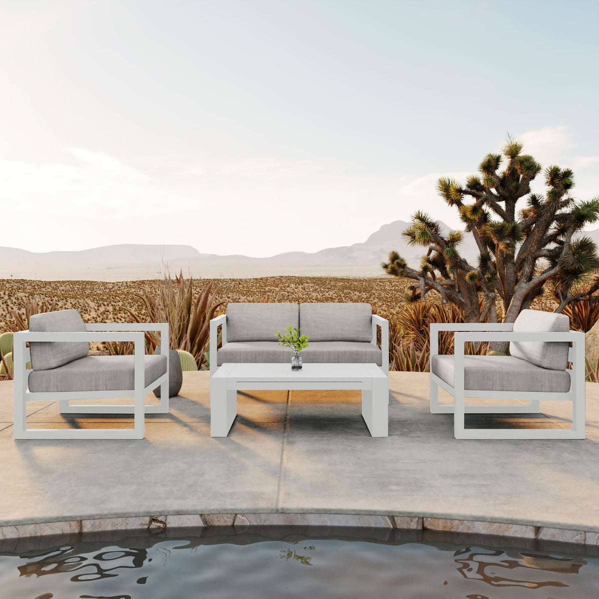 Avion 4 Piece Aluminum Loveseat Set#Finish_White#Fabric_Cast Silver