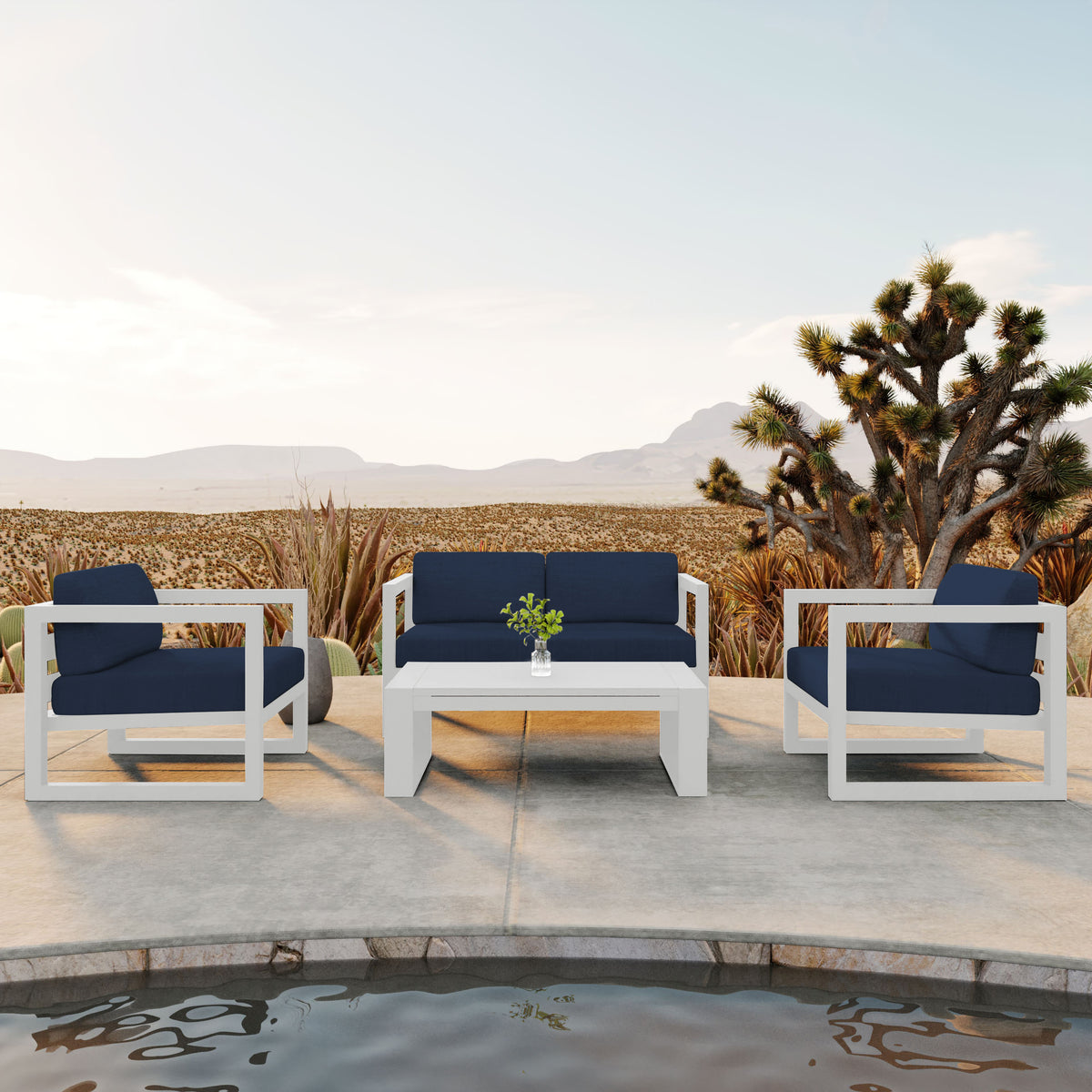 Avion 4 Piece Aluminum Loveseat Set#Finish_White#Fabric_Spectrum Indigo