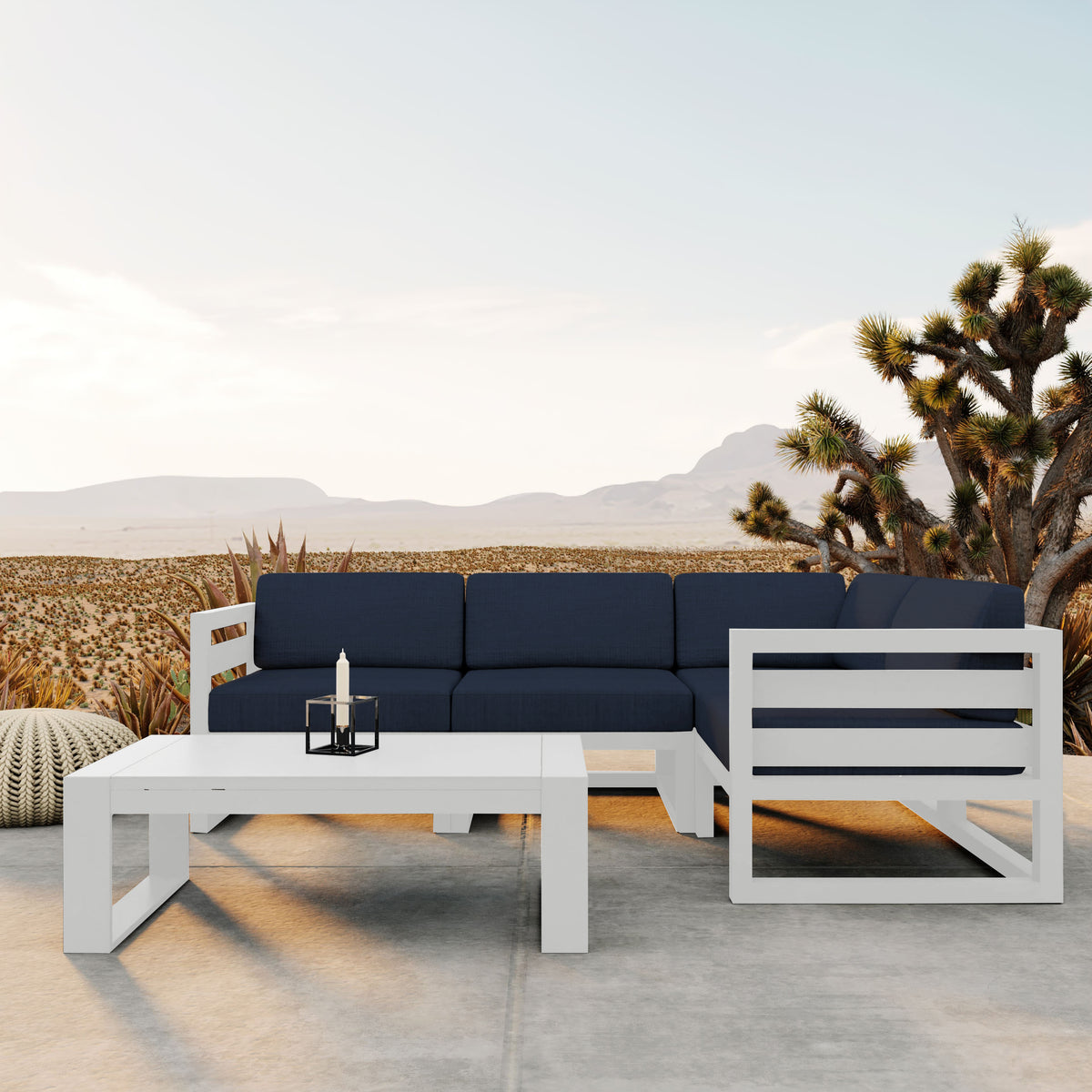 Avion 5 Piece Aluminum Sectional Set#Finish_White#Fabric_Spectrum Indigo