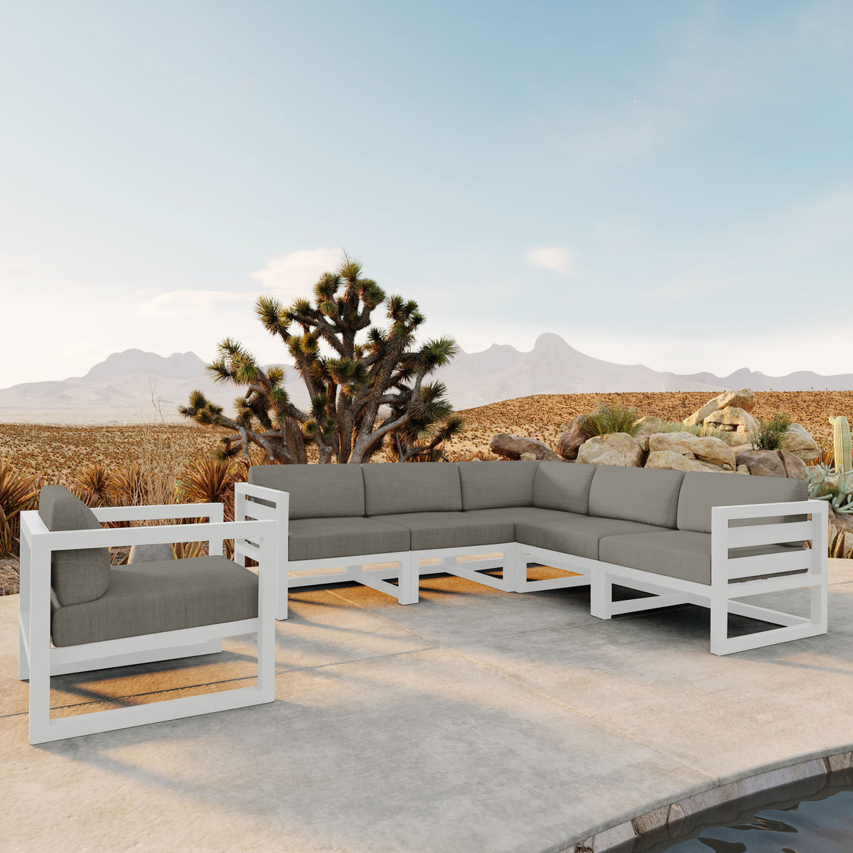 Avion 6 Piece Aluminum Sectional Set#Finish_White#Fabric_Canvas Charcoal