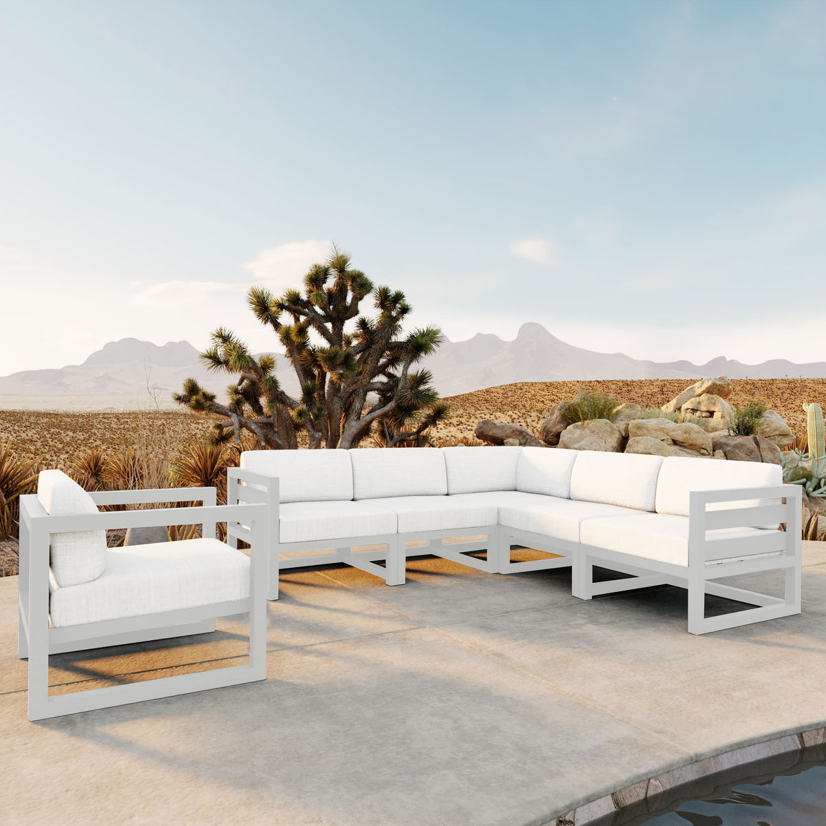 Avion 6 Piece Aluminum Sectional Set#Finish_White#Fabric_Canvas Natural