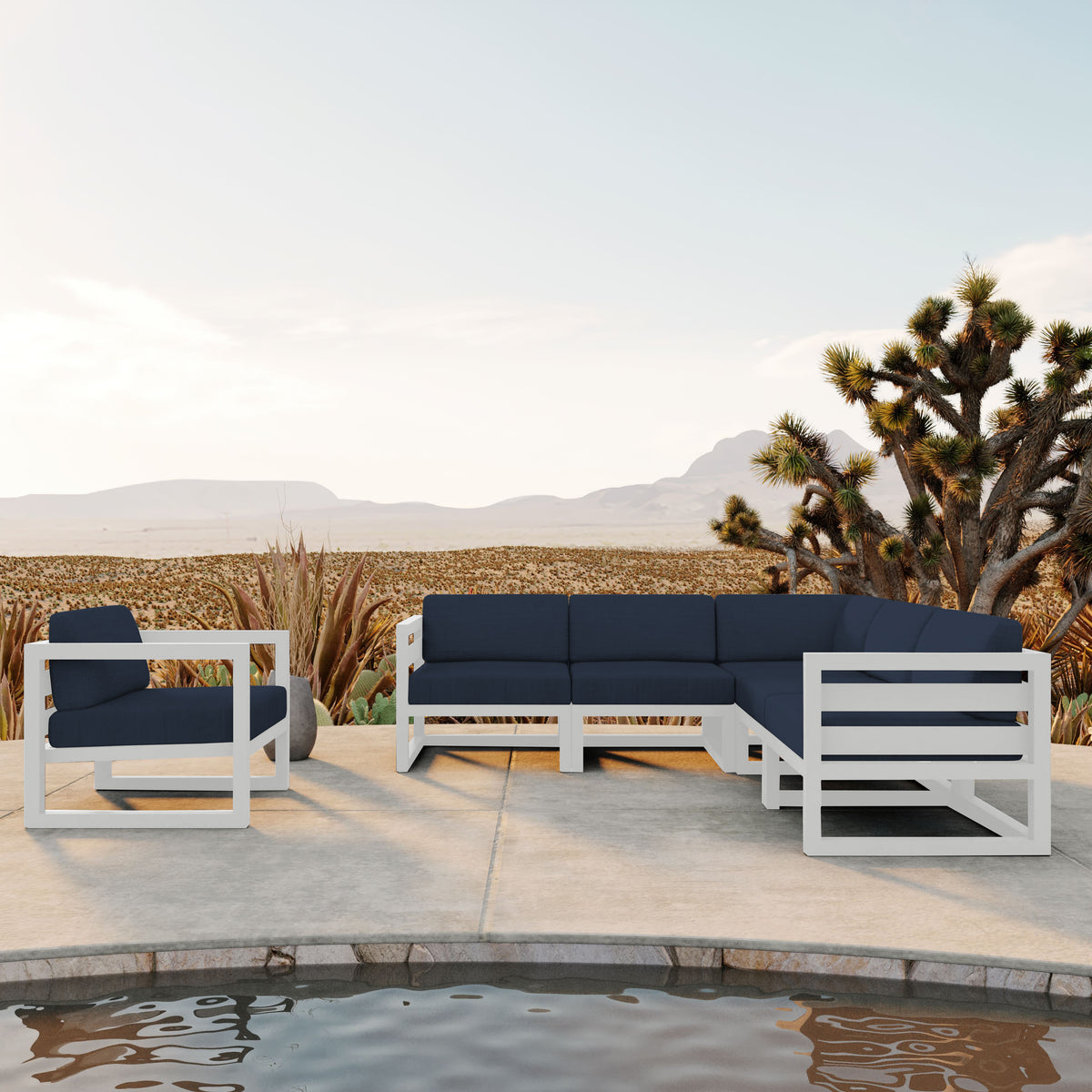 Avion 6 Piece Aluminum Sectional Set#Finish_White#Fabric_Spectrum Indigo