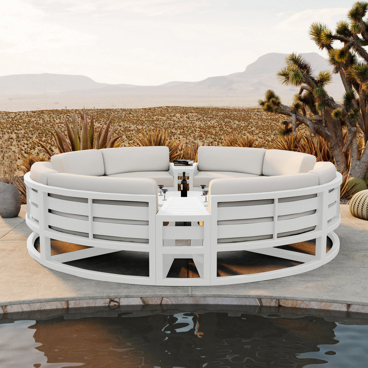 Avion 7 Piece Aluminum Curve Sectional Set#Finish_White#Fabric_Canvas Natural