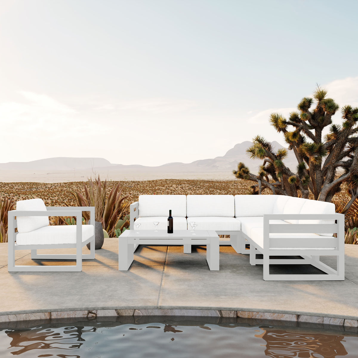 Avion 7 Piece Aluminum Sectional Set#Finish_White#Fabric_Canvas Natural