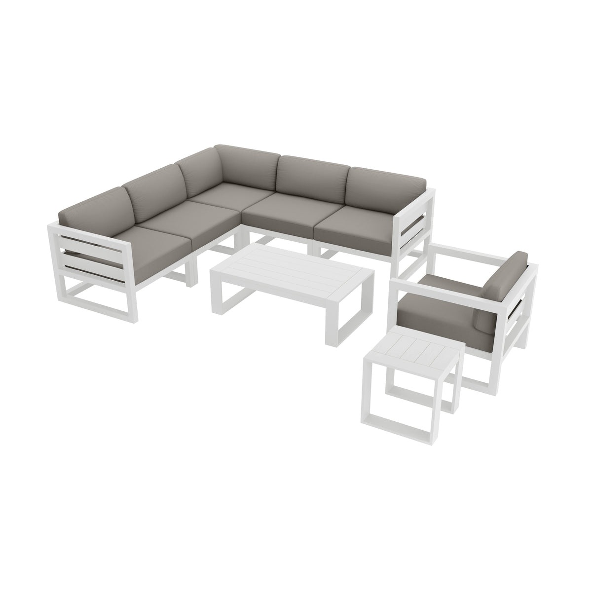 Avion 8 Piece Aluminum Sectional Set#Finish_White#Fabric_Canvas Charcoal