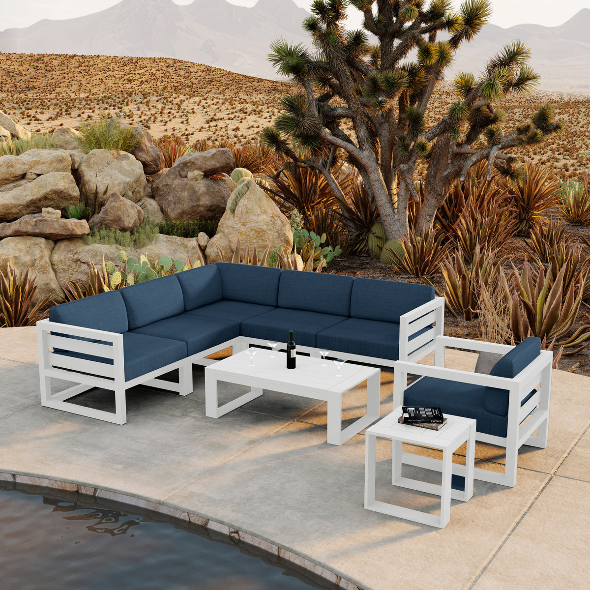 Avion 8 Piece Aluminum Sectional Set#Finish_White#Fabric_Spectrum Indigo