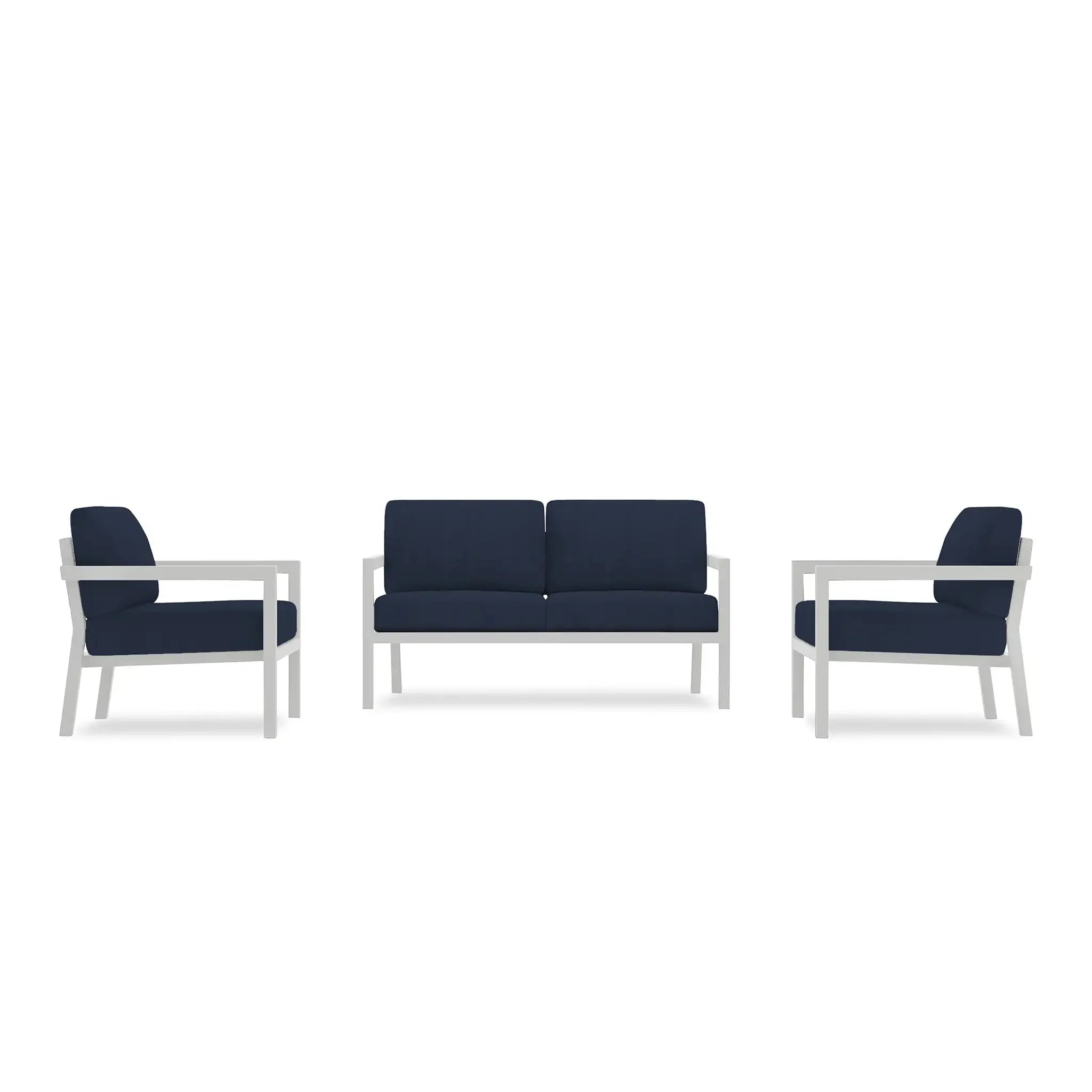 Pacifica 3 Piece Aluminum Loveseat Set#Finish_White#Fabric_Spectrum Indigo