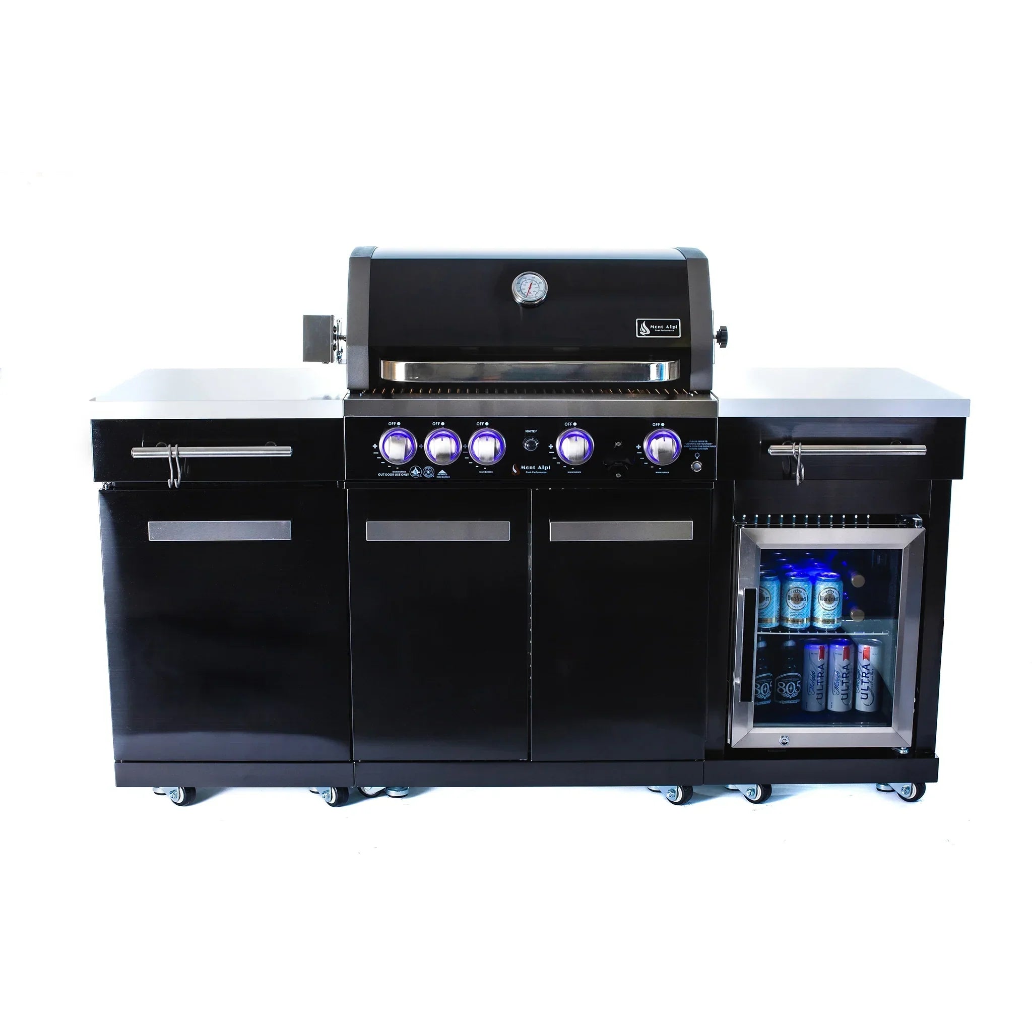 Compact 6 ft. Black Stainless Steel 4-Burner Outdoor Kitchen Island with Refrigerator