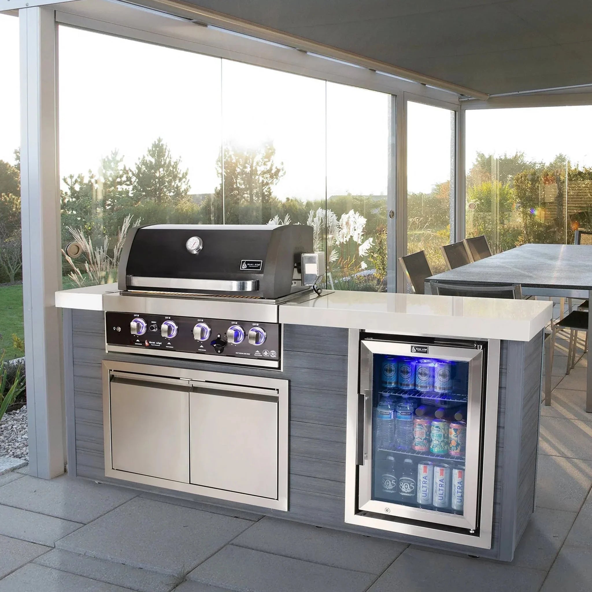 Artwood 6.5 ft. HDPE 4-Burner Outdoor Kitchen Island with Refrigerator - Black Stainless Steel