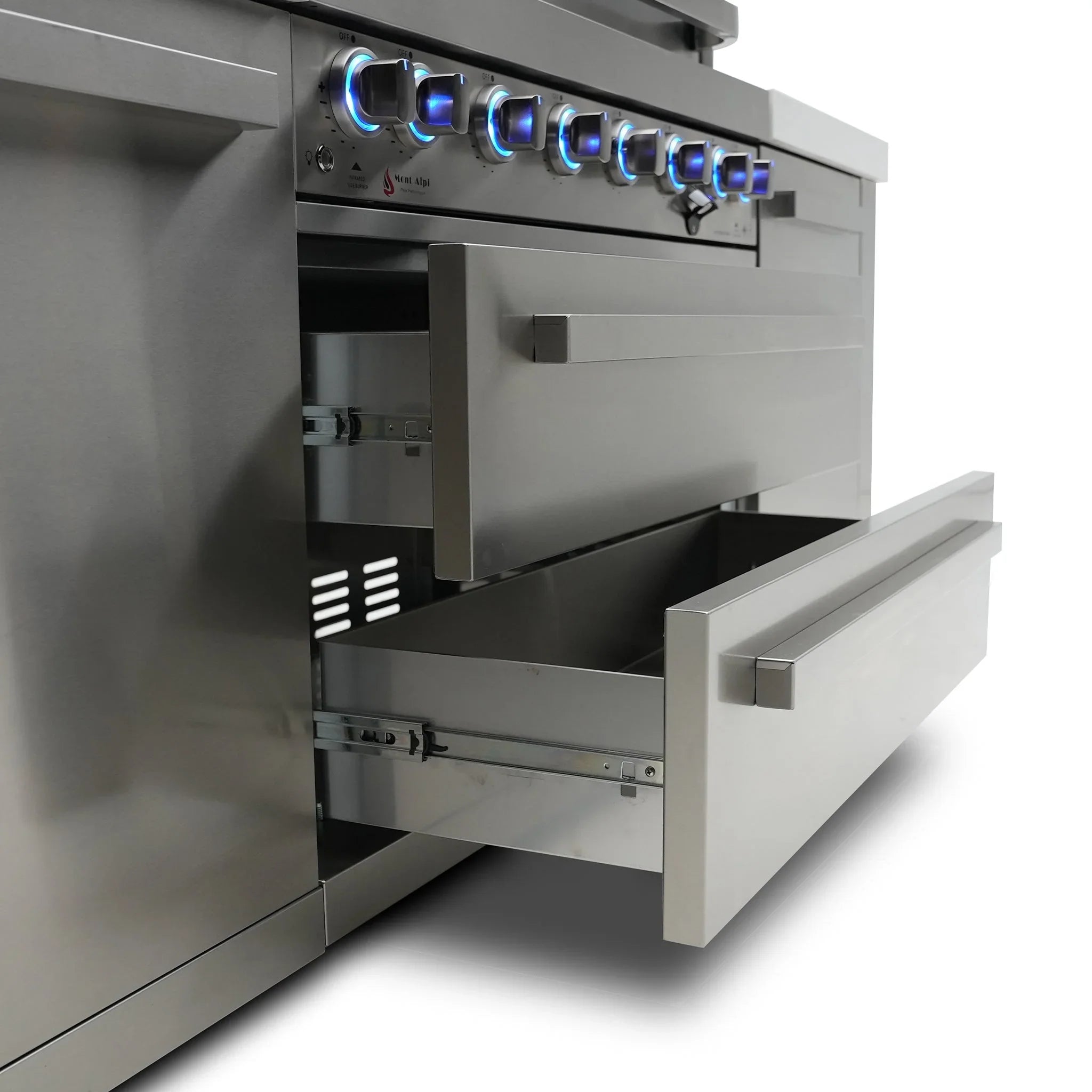 400 Deluxe 10.5 ft. Stainless Steel 4-Burner Outdoor Kitchen Island with 90-Degree Corner and Beverage Center