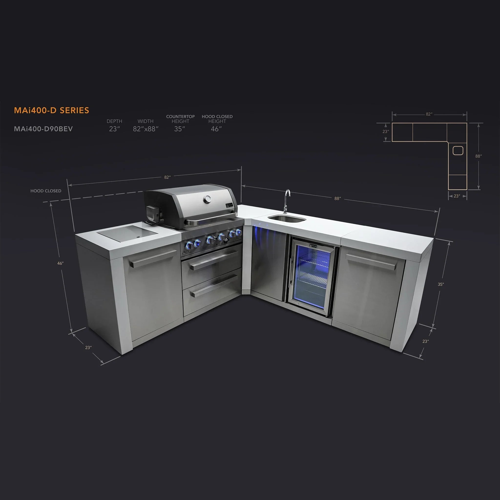 400 Deluxe 10.5 ft. Stainless Steel 4-Burner Outdoor Kitchen Island with 90-Degree Corner and Beverage Center
