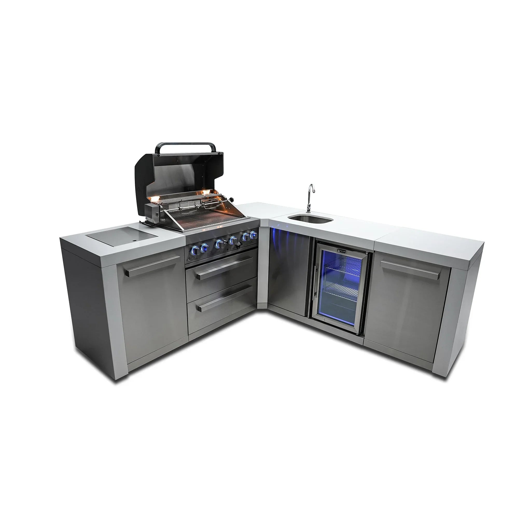 400 Deluxe 10.5 ft. Stainless Steel 4-Burner Outdoor Kitchen Island with 90-Degree Corner and Beverage Center