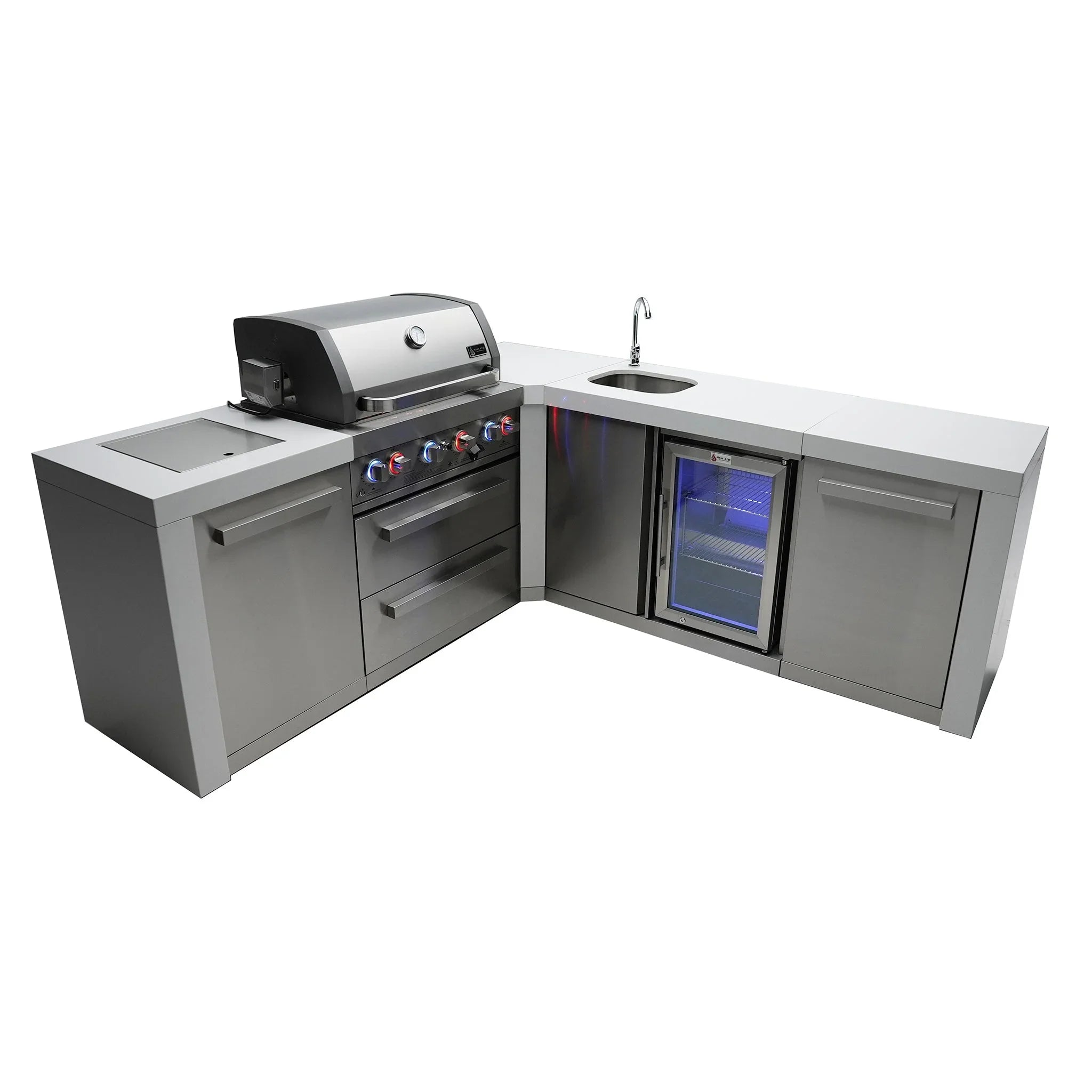 400 Deluxe 10.5 ft. Stainless Steel 4-Burner Outdoor Kitchen Island with 90-Degree Corner and Beverage Center