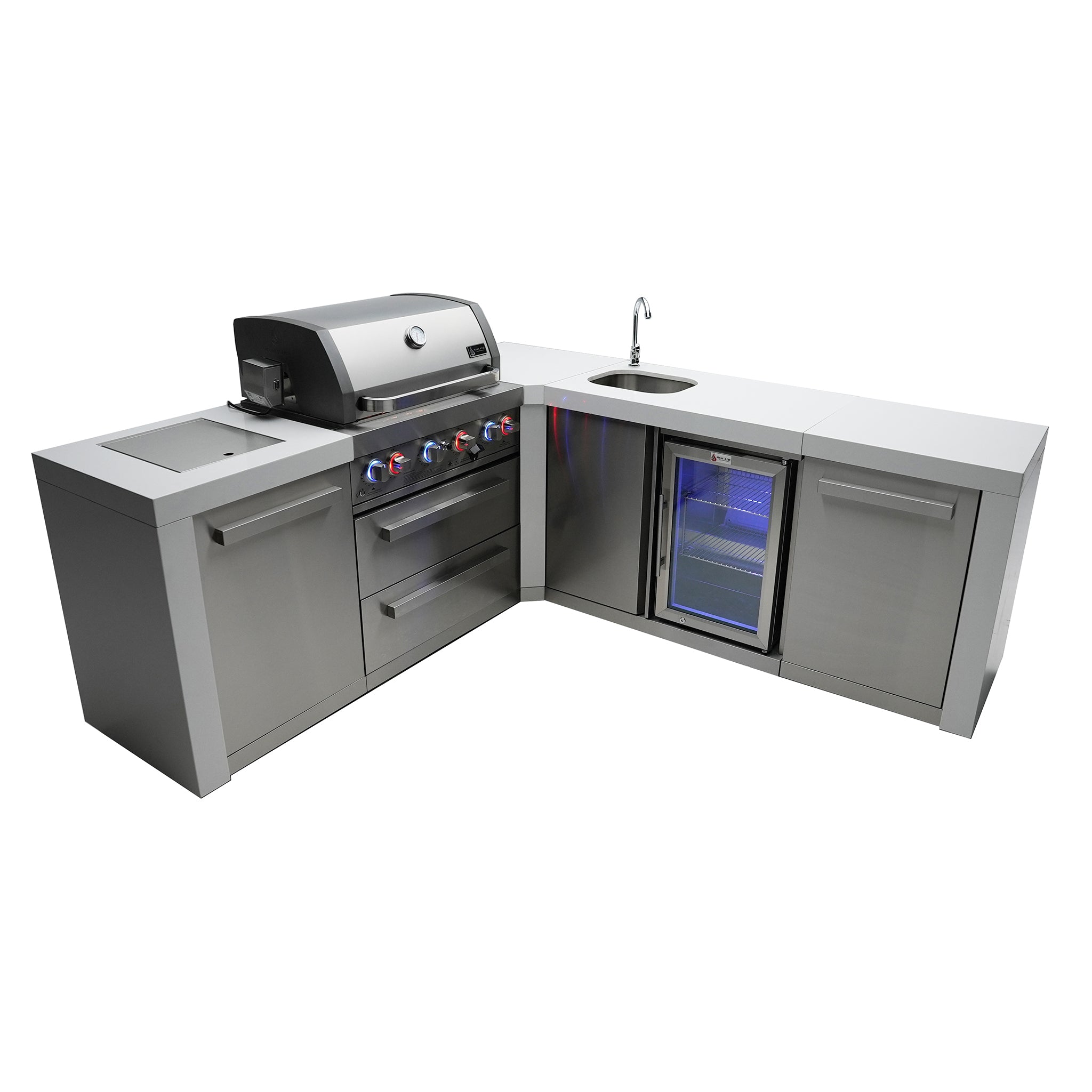 400 Deluxe 10.5 ft. Stainless Steel 4-Burner Outdoor Kitchen Island with 90-Degree Corner and Beverage Center