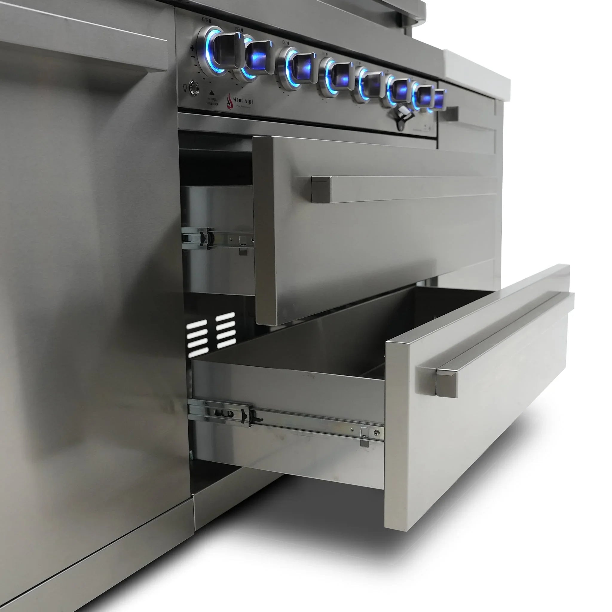400 Deluxe 10.5 ft. Stainless Steel 4-Burner Outdoor Kitchen Island with 90-Degree Corner Beverage Center and Fridge Cabinet