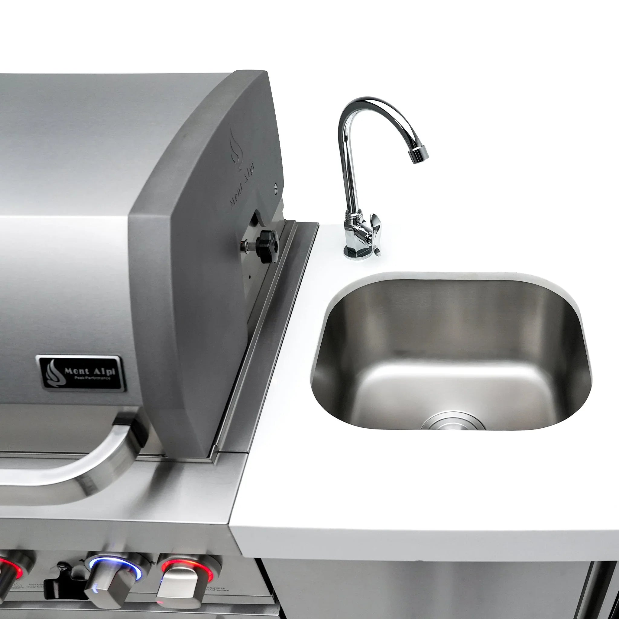 400 Deluxe 10.5 ft. Stainless Steel 4-Burner Outdoor Kitchen Island with 90-Degree Corner Beverage Center and Fridge Cabinet