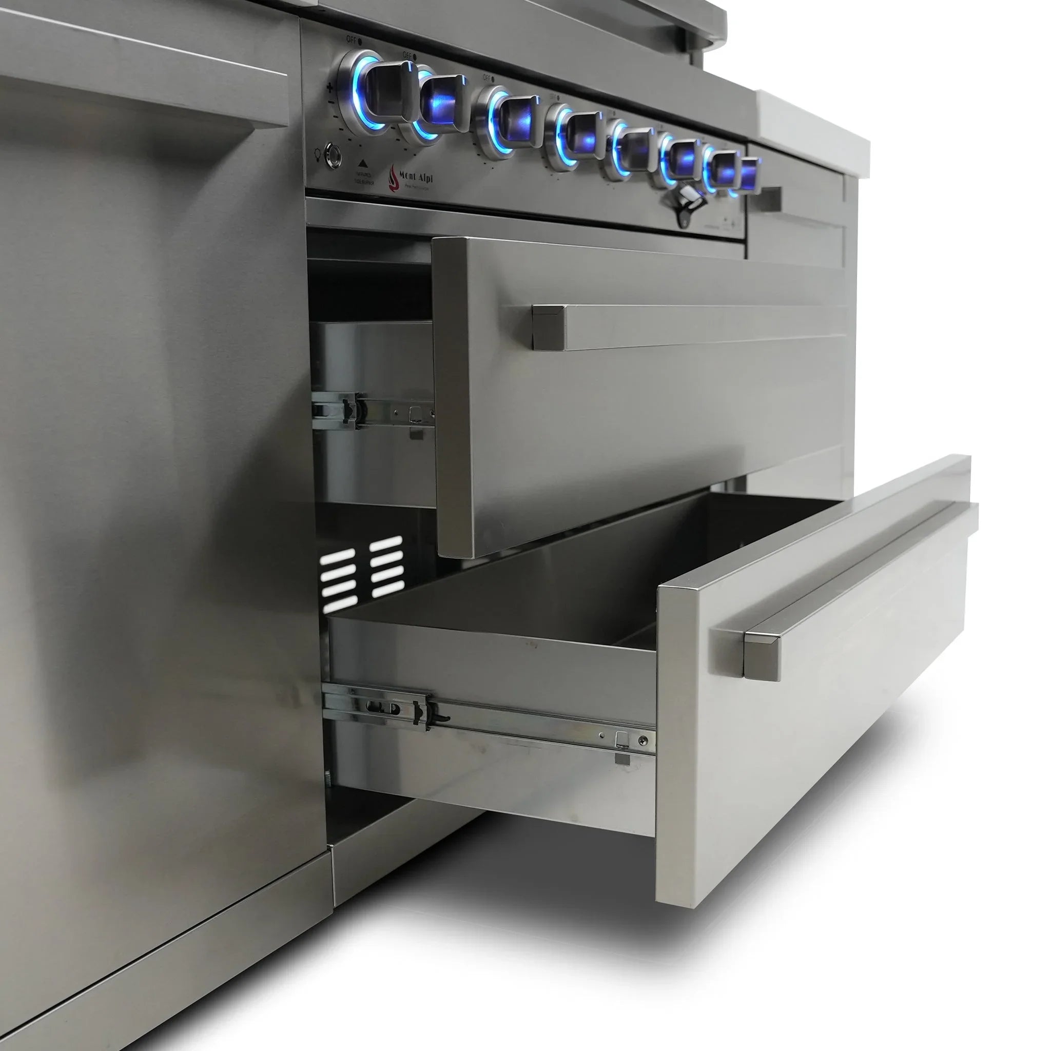 400 Deluxe 7.5 ft. Stainless Steel 4-Burner Outdoor Kitchen Island with 90 Degree Corner and Fridge Cabinet