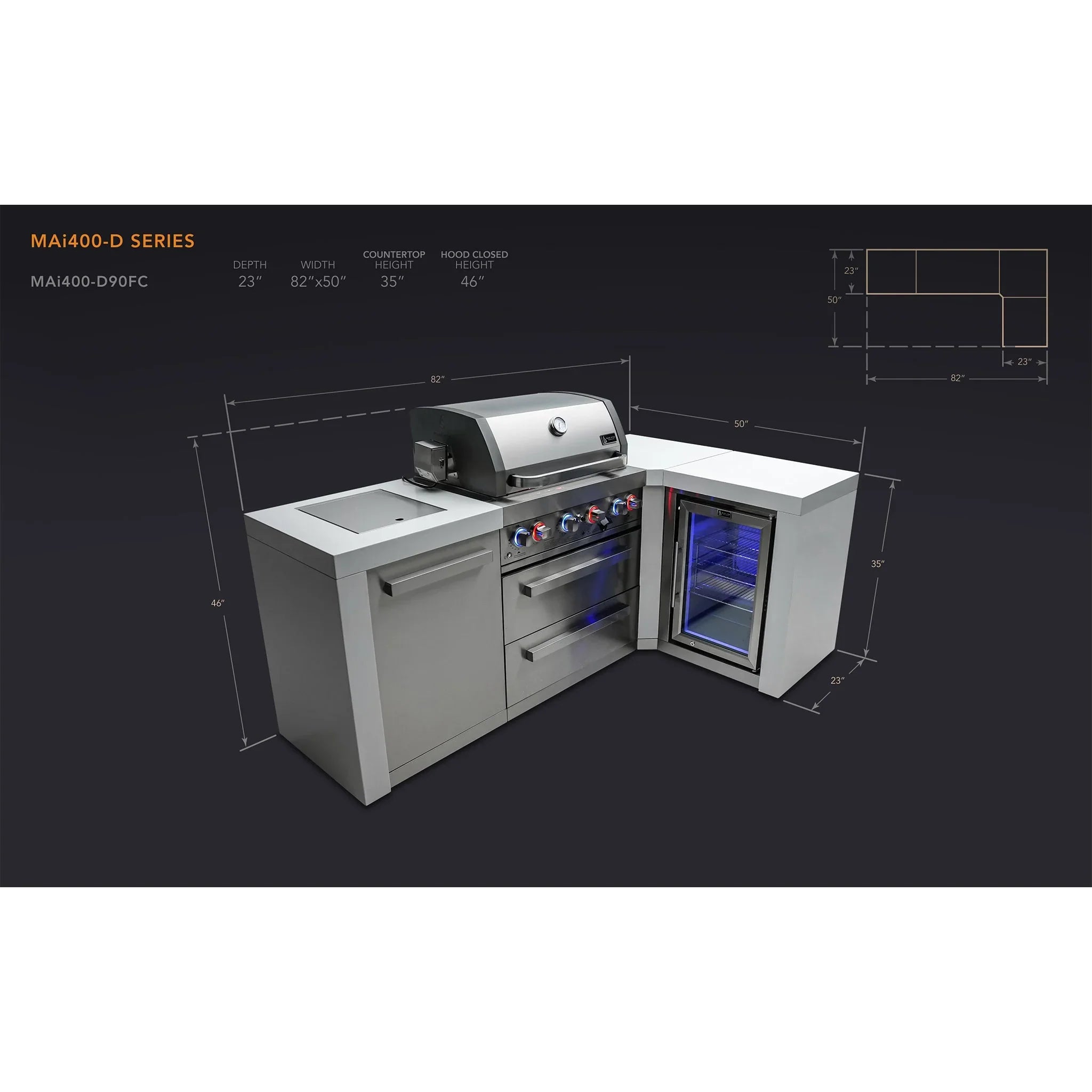 400 Deluxe 7.5 ft. Stainless Steel 4-Burner Outdoor Kitchen Island with 90 Degree Corner and Fridge Cabinet