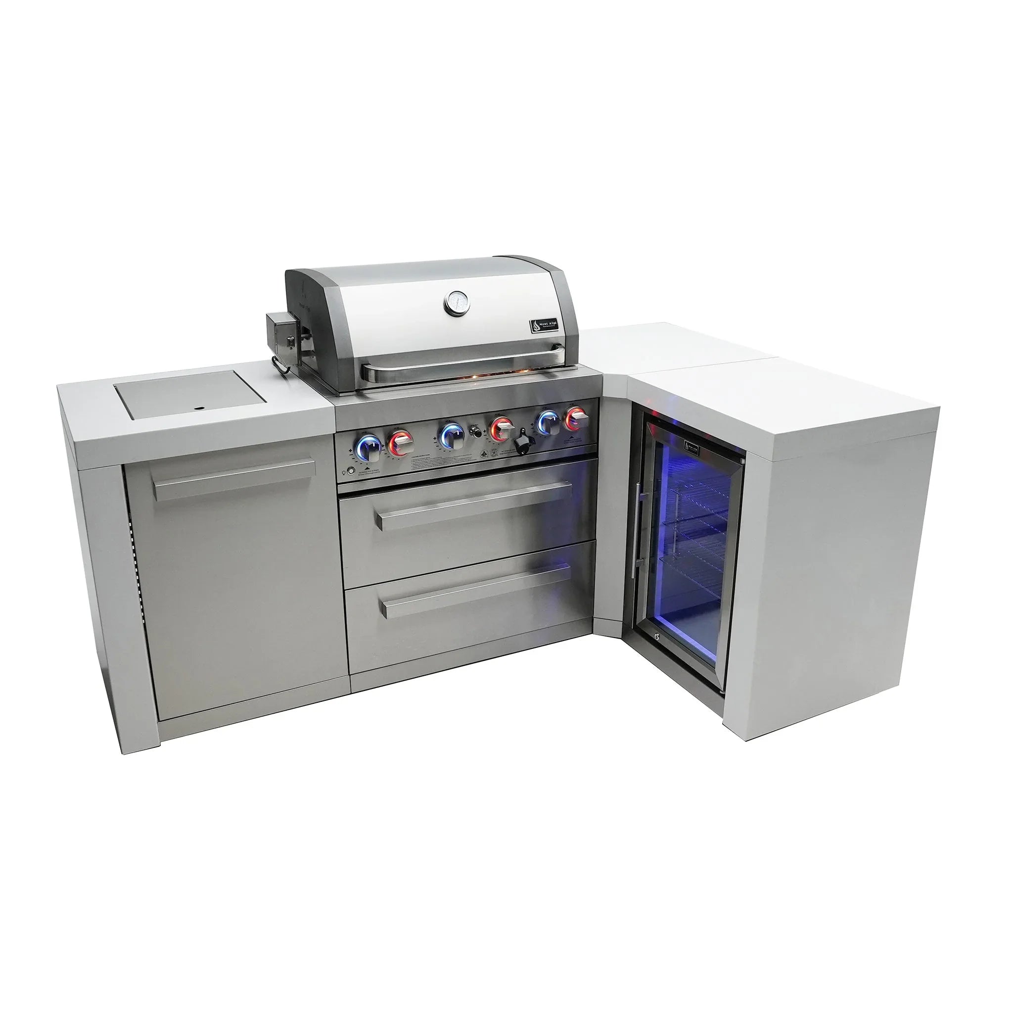 400 Deluxe 7.5 ft. Stainless Steel 4-Burner Outdoor Kitchen Island with 90 Degree Corner and Fridge Cabinet
