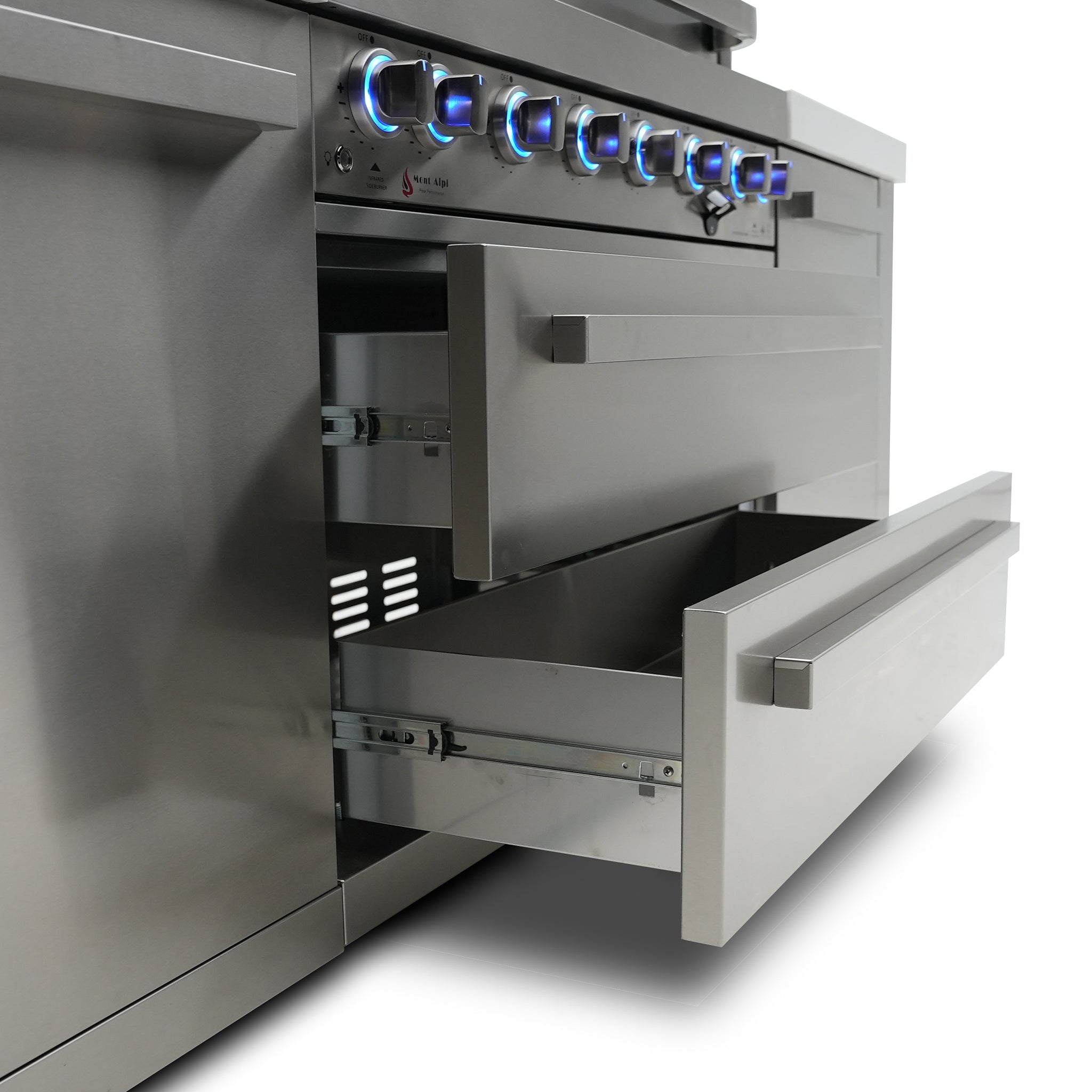 400 Deluxe 7 ft. Stainless Steel 4-Burner Outdoor Kitchen Island with 90-Degree Corner Kegerator and Fridge Cabinet