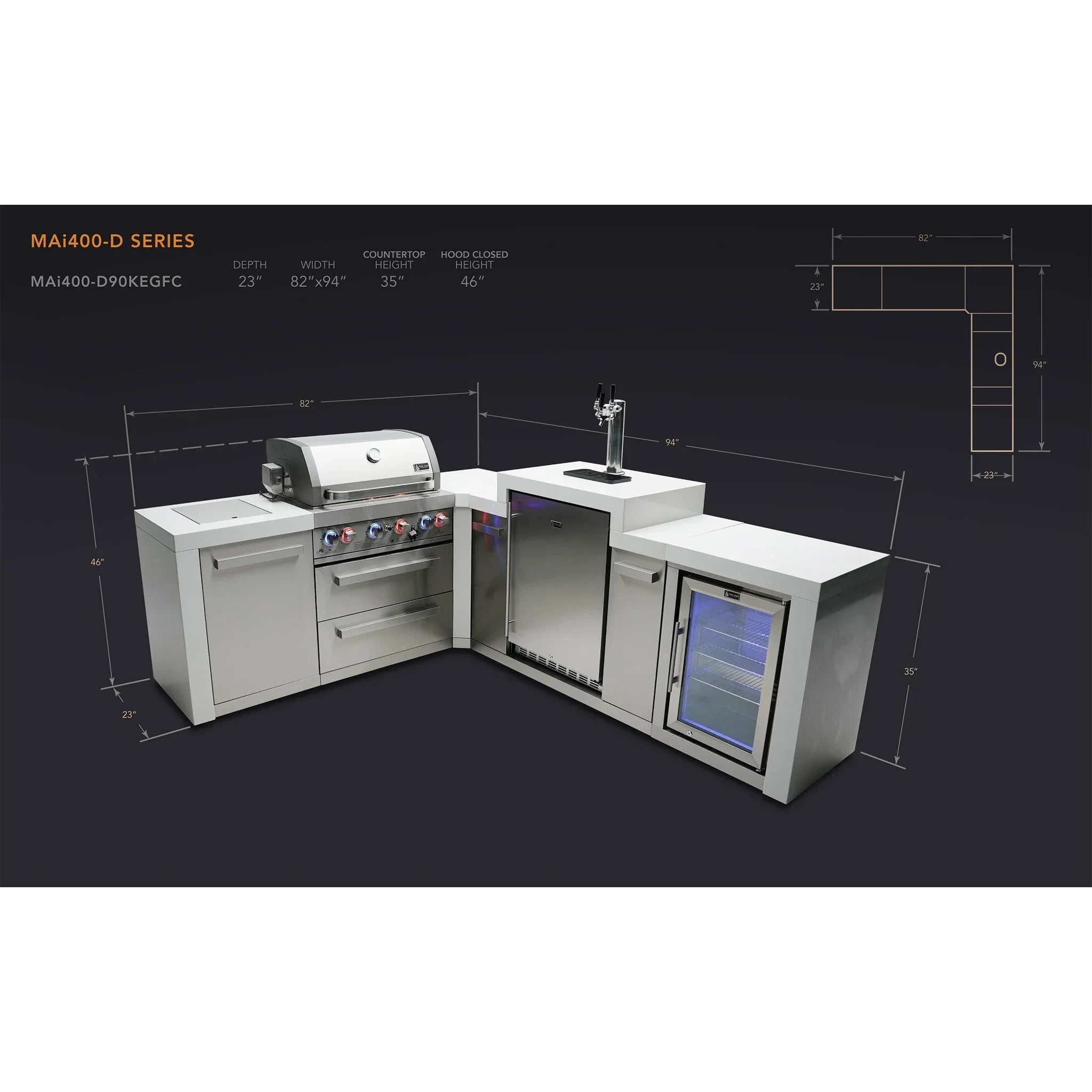 400 Deluxe 7 ft. Stainless Steel 4-Burner Outdoor Kitchen Island with 90-Degree Corner Kegerator and Fridge Cabinet