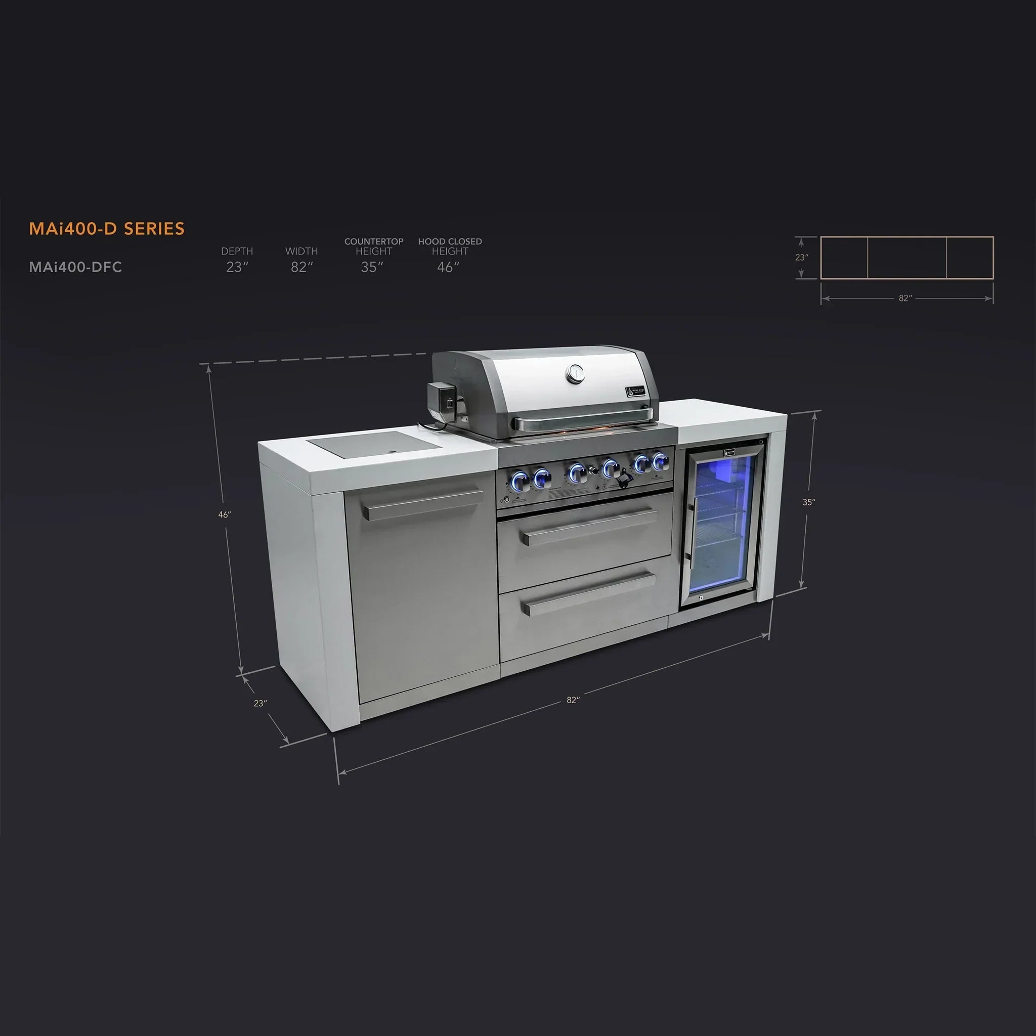 400 Deluxe 7 ft. Stainless Steel 4-Burner Outdoor Kitchen Island with Refrigerator